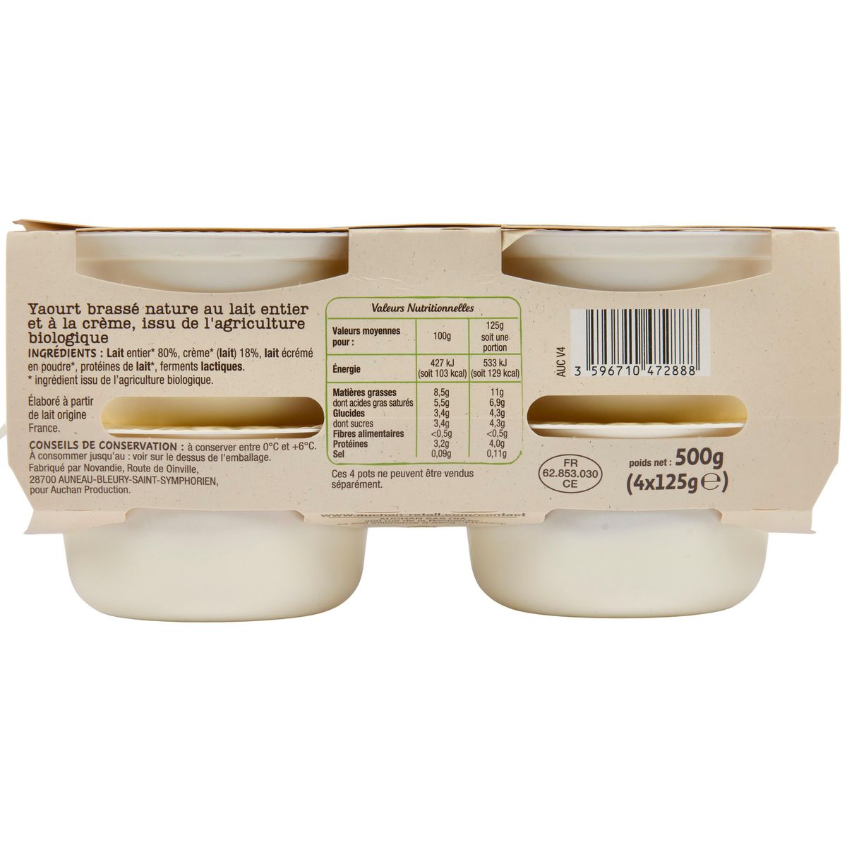 AUCHAN BIO CULTIVONS LE BON Yaourt à la grecque nature 4x125g