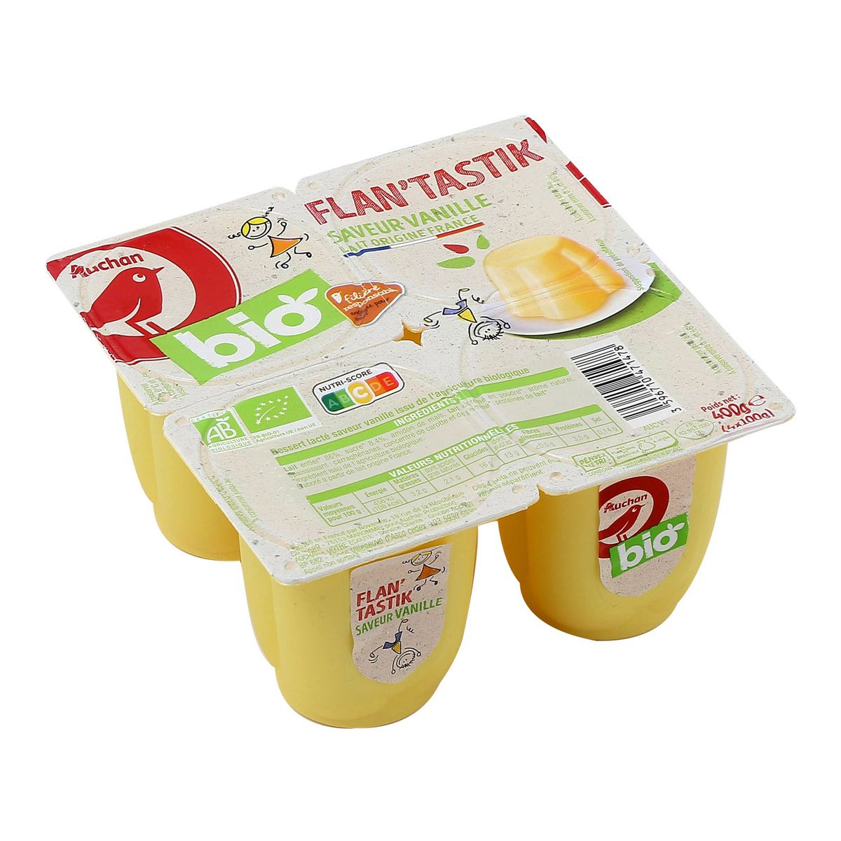 AUCHAN BIO Flan à la vanille filière responsable 4x100g