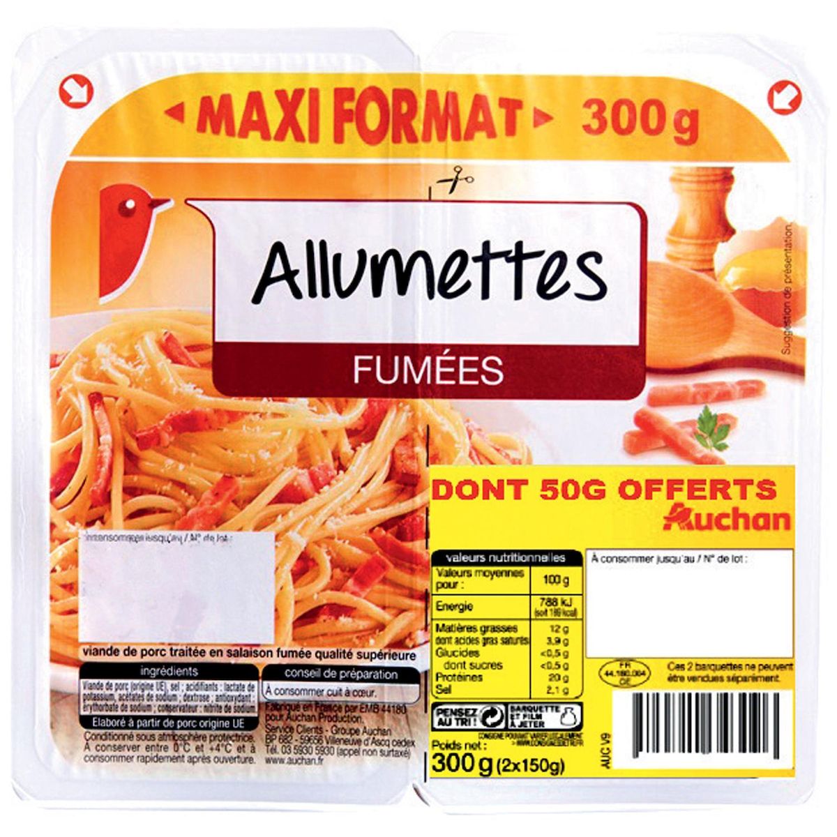 AUCHAN Allumettes fumées x2 dont 50g offert 300g