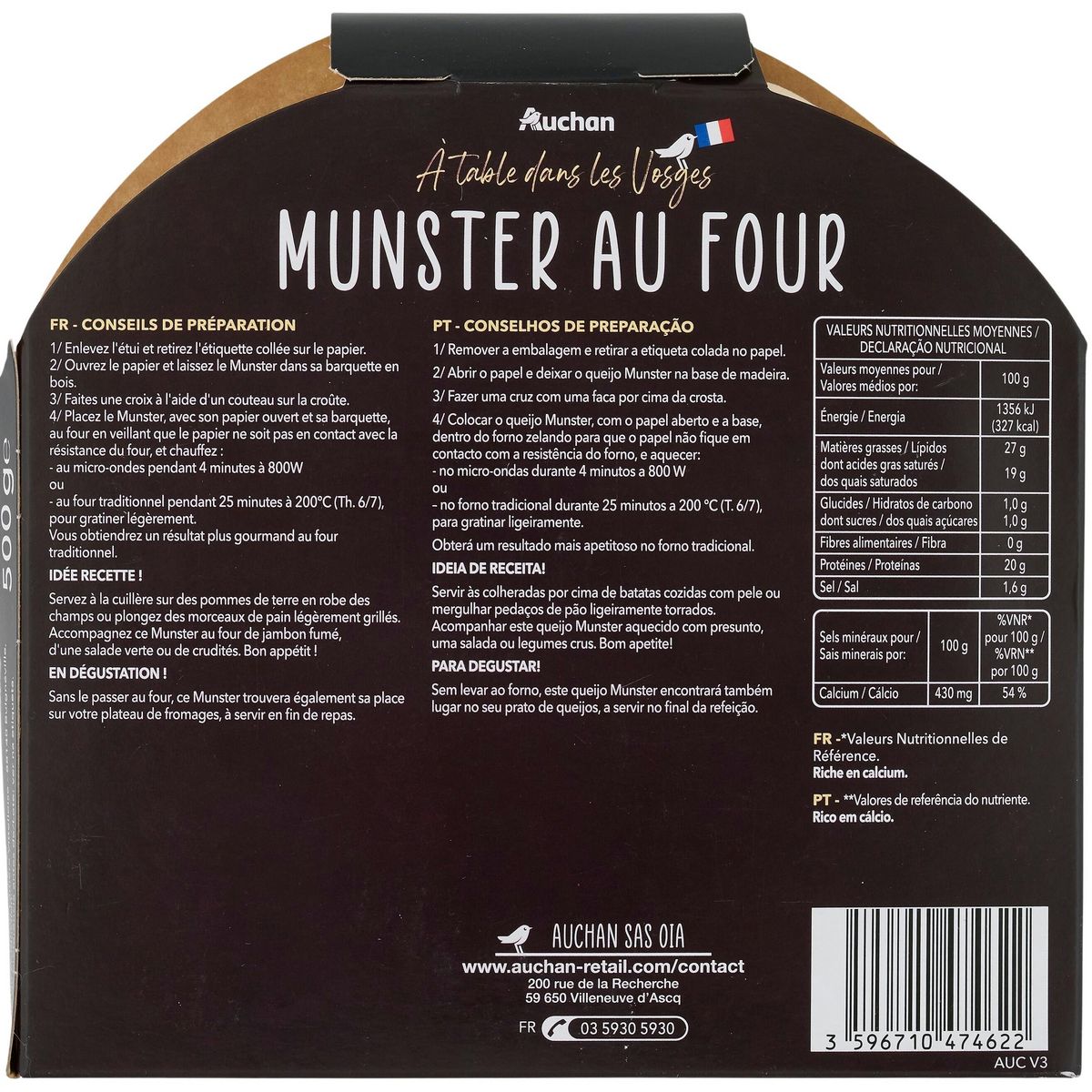 AUCHAN GOURMET Fromage au four 3/4 parts 500g