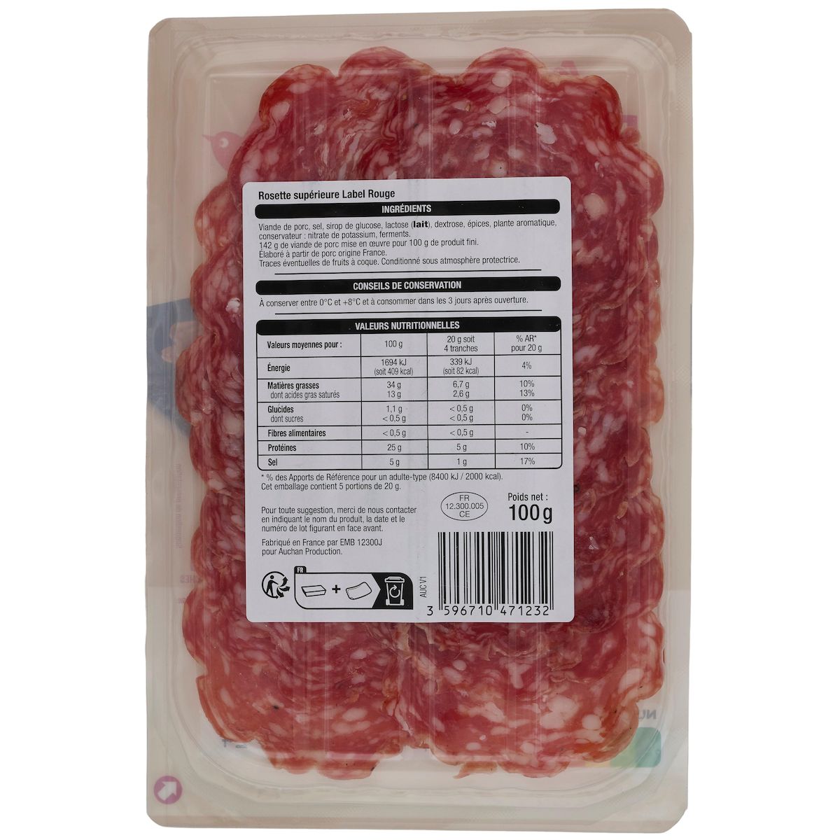 AUCHAN Rosette label Rouge 20 tranches 100g