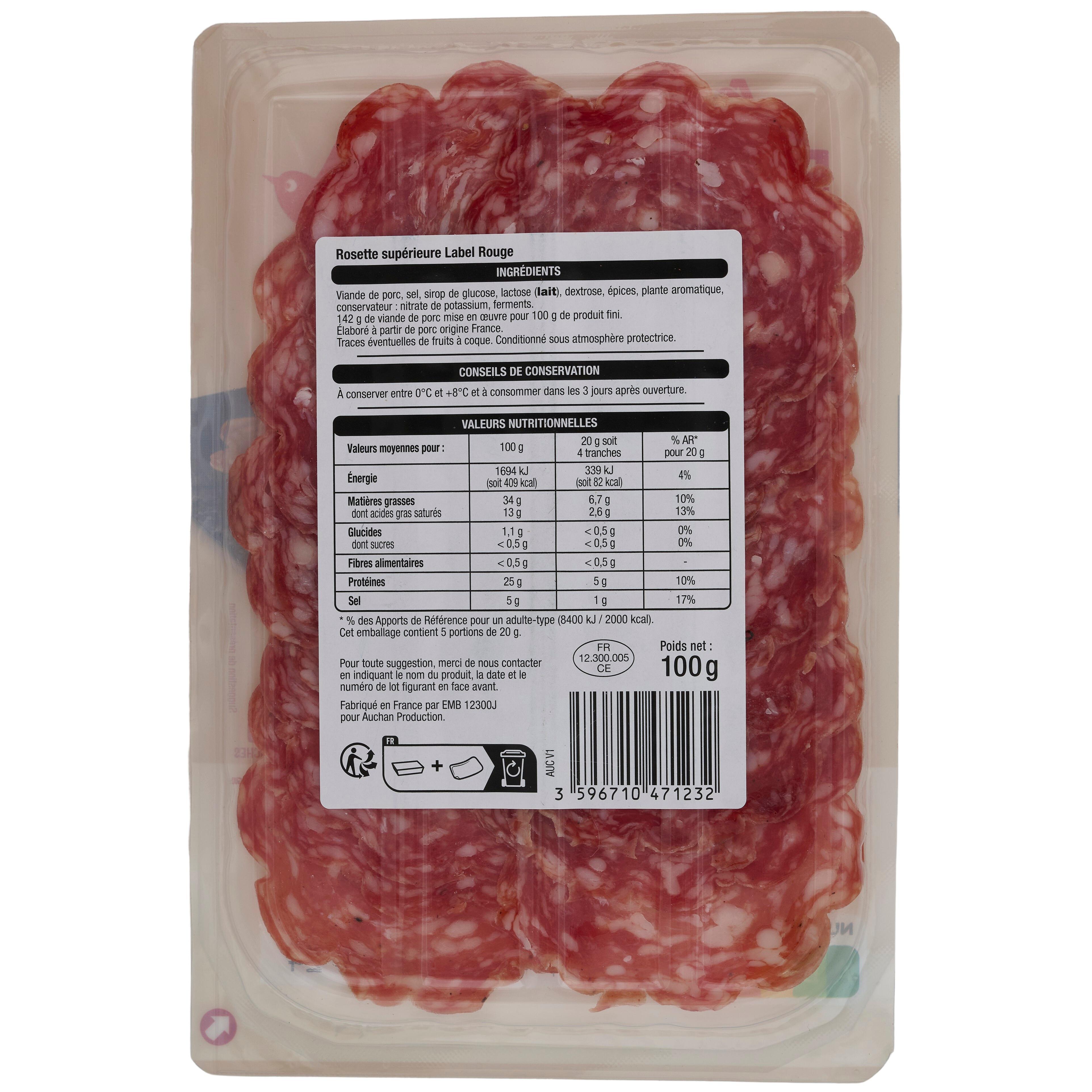 Voir la diapositive 3 : AUCHAN Rosette label Rouge 20 tranches 100g