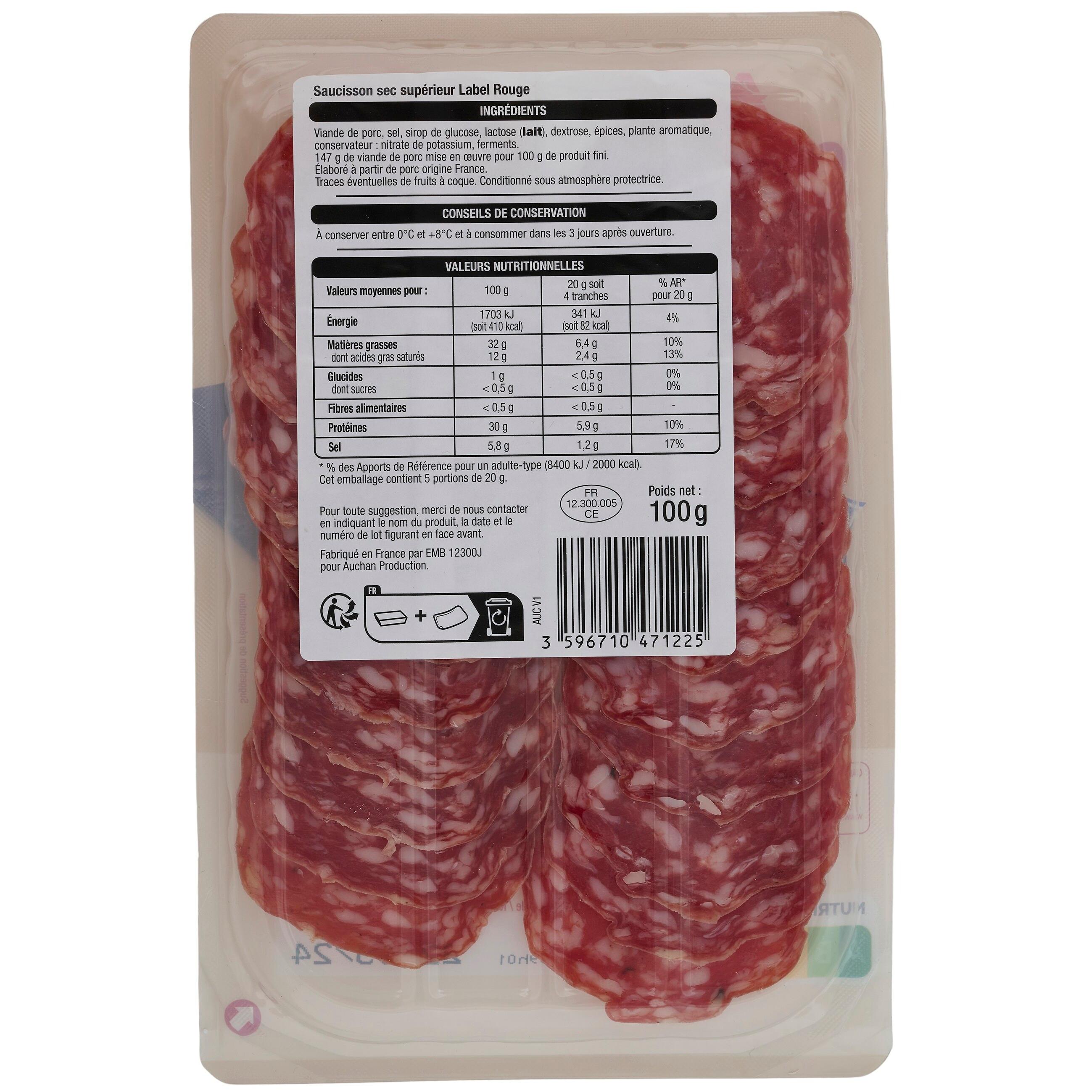 Voir la diapositive 2 : AUCHAN Saucisson sec Label rouge 20 tranches 100g