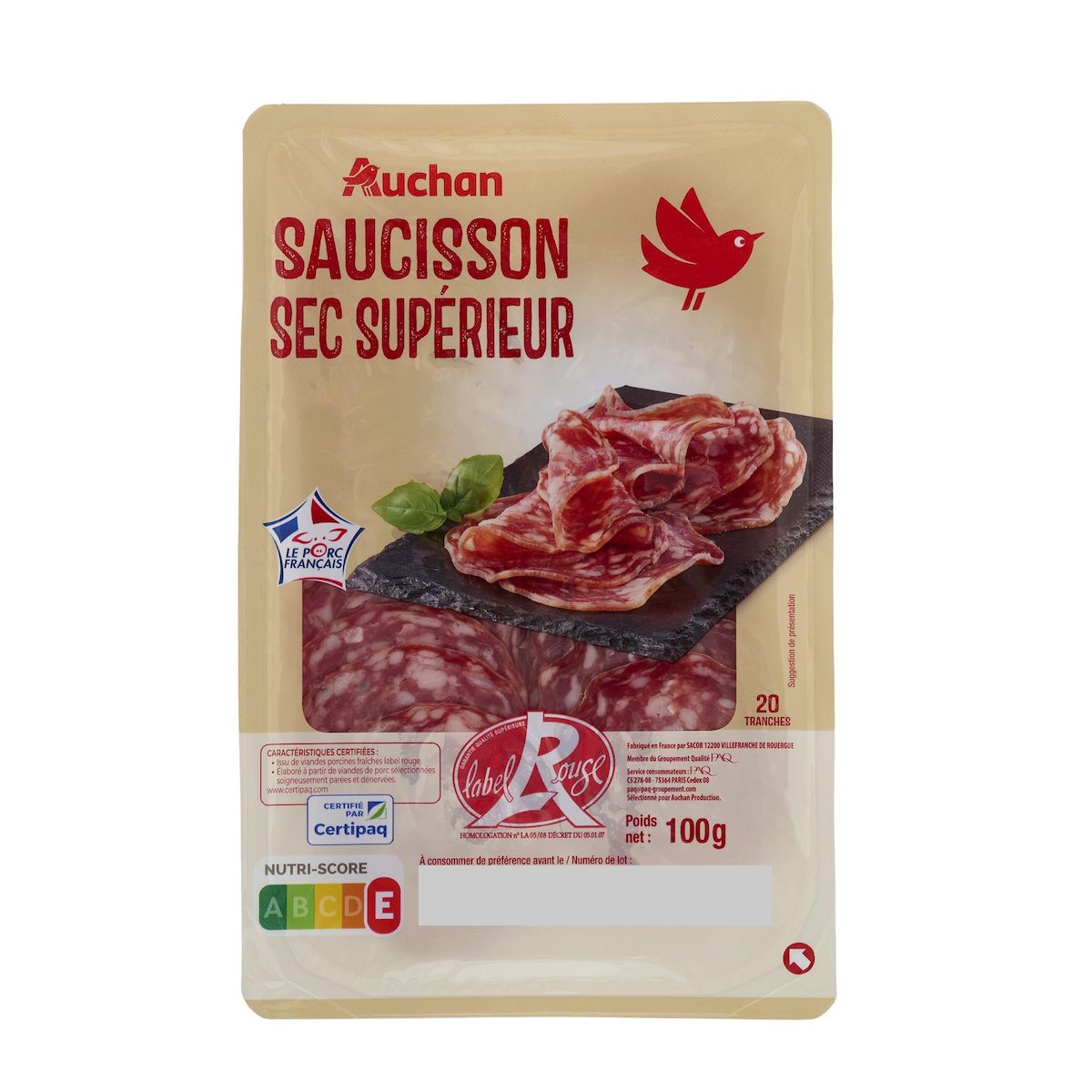 AUCHAN Saucisson sec Label rouge 20 tranches 100g