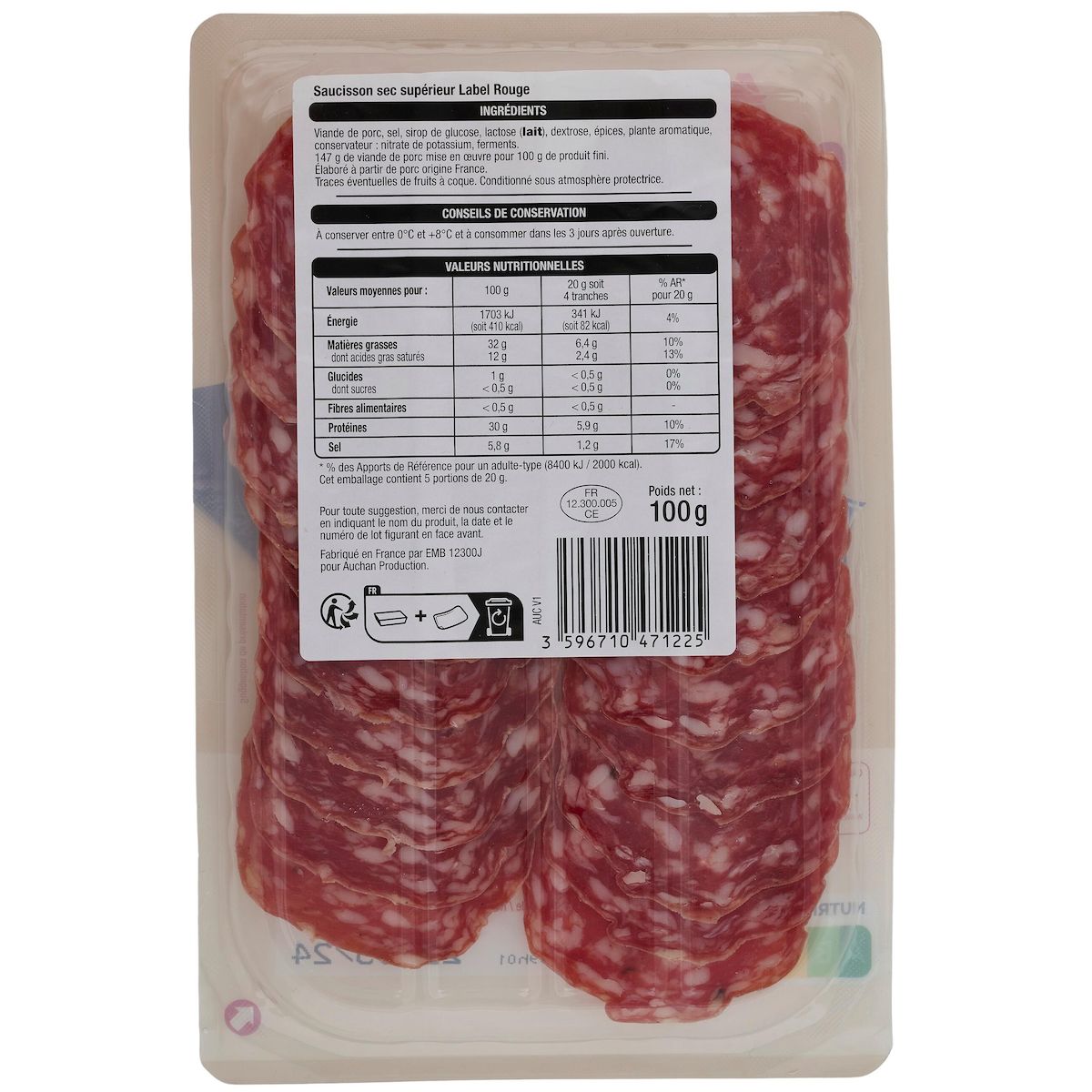 AUCHAN Saucisson sec Label rouge 20 tranches 100g