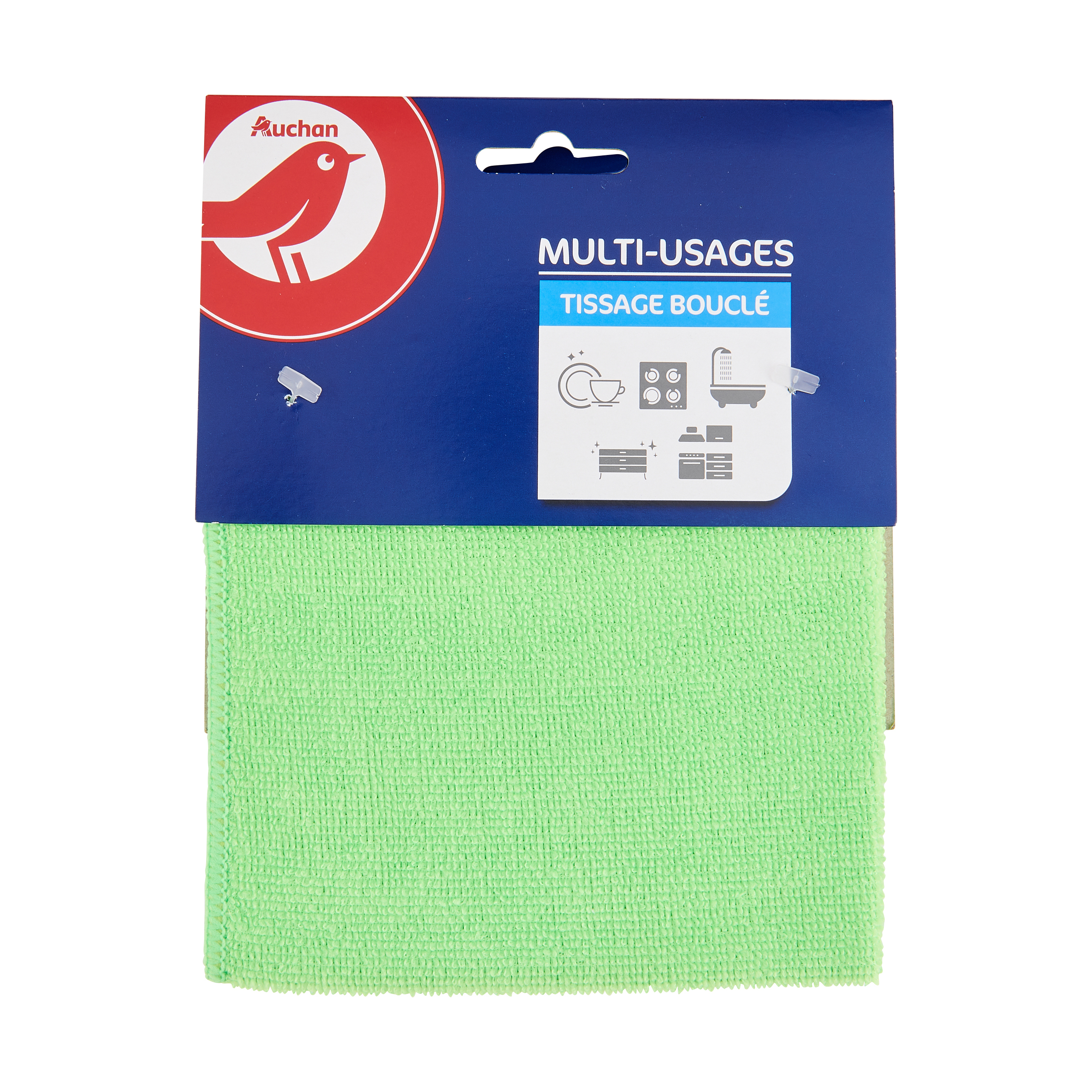 Voir la diapositive 2 : AUCHAN Lavette microfibre tissage bouclé multi-usages 30x30cm x1