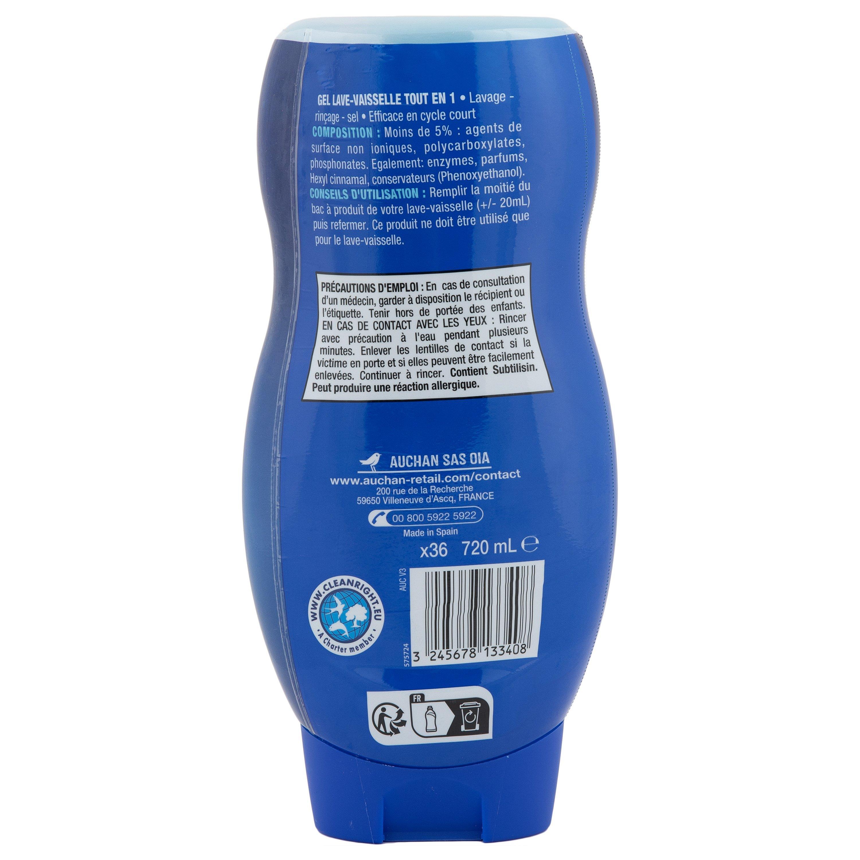 Voir la diapositive 2 : AUCHAN Gel lave-vaisselle rinçage sel 36 lavages 720ml