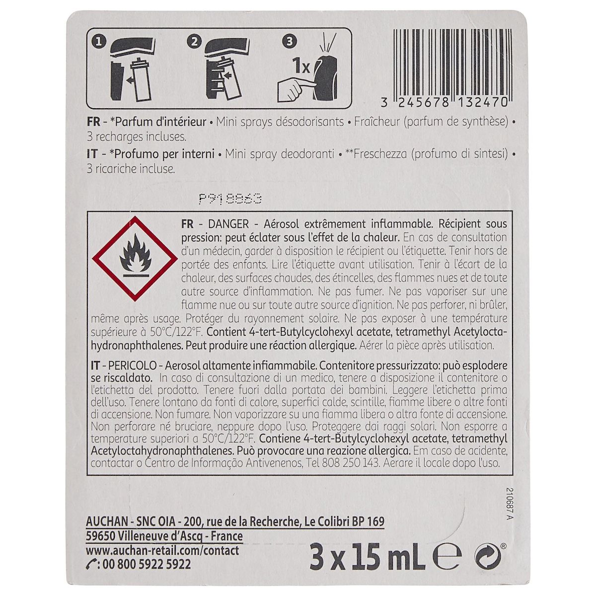 AUCHAN Diffuseur mini sprays désodorisants fraîcheur 1 diffuseur 3 recharges