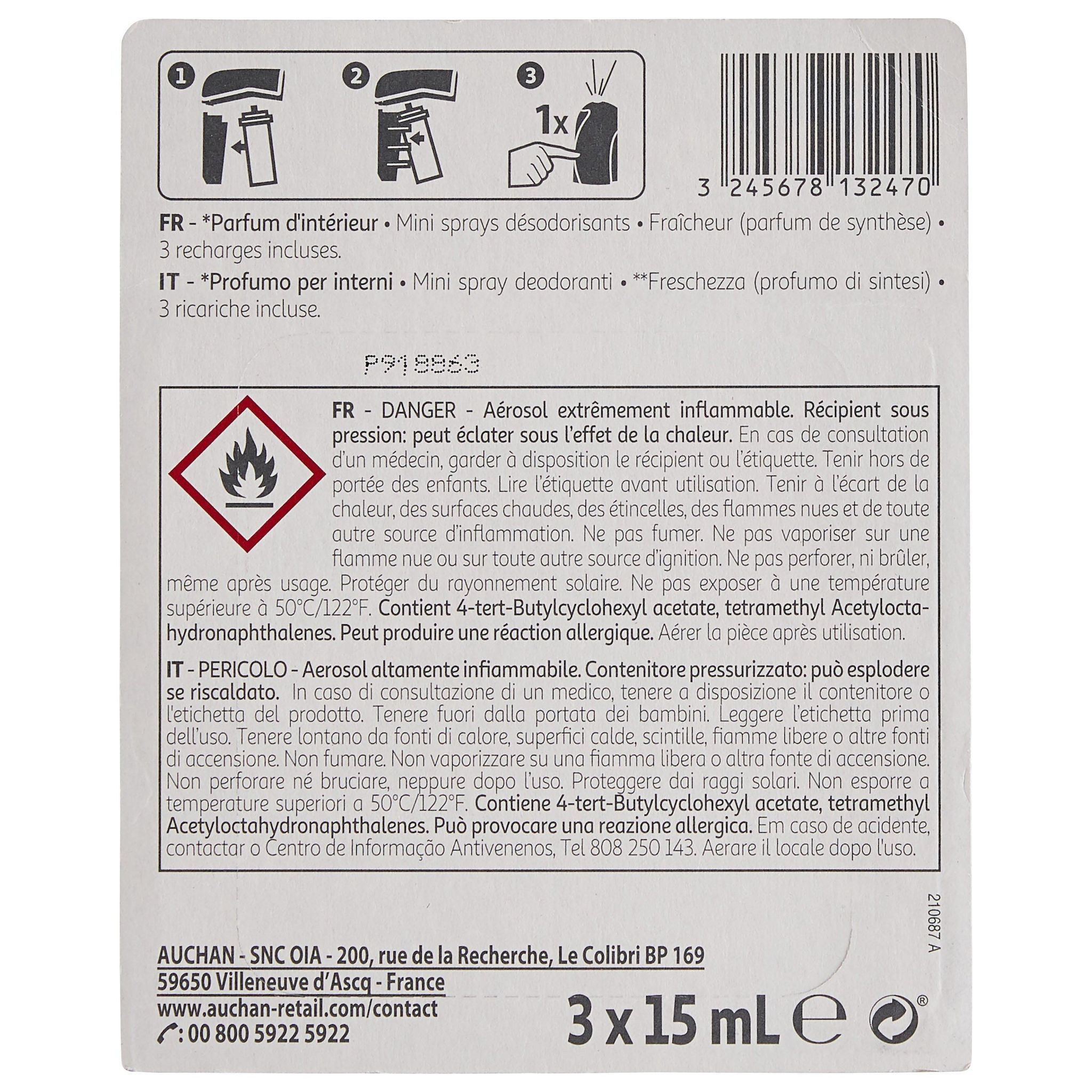 Voir la diapositive 2 : AUCHAN Diffuseur mini sprays désodorisants fraîcheur 1 diffuseur 3 recharges