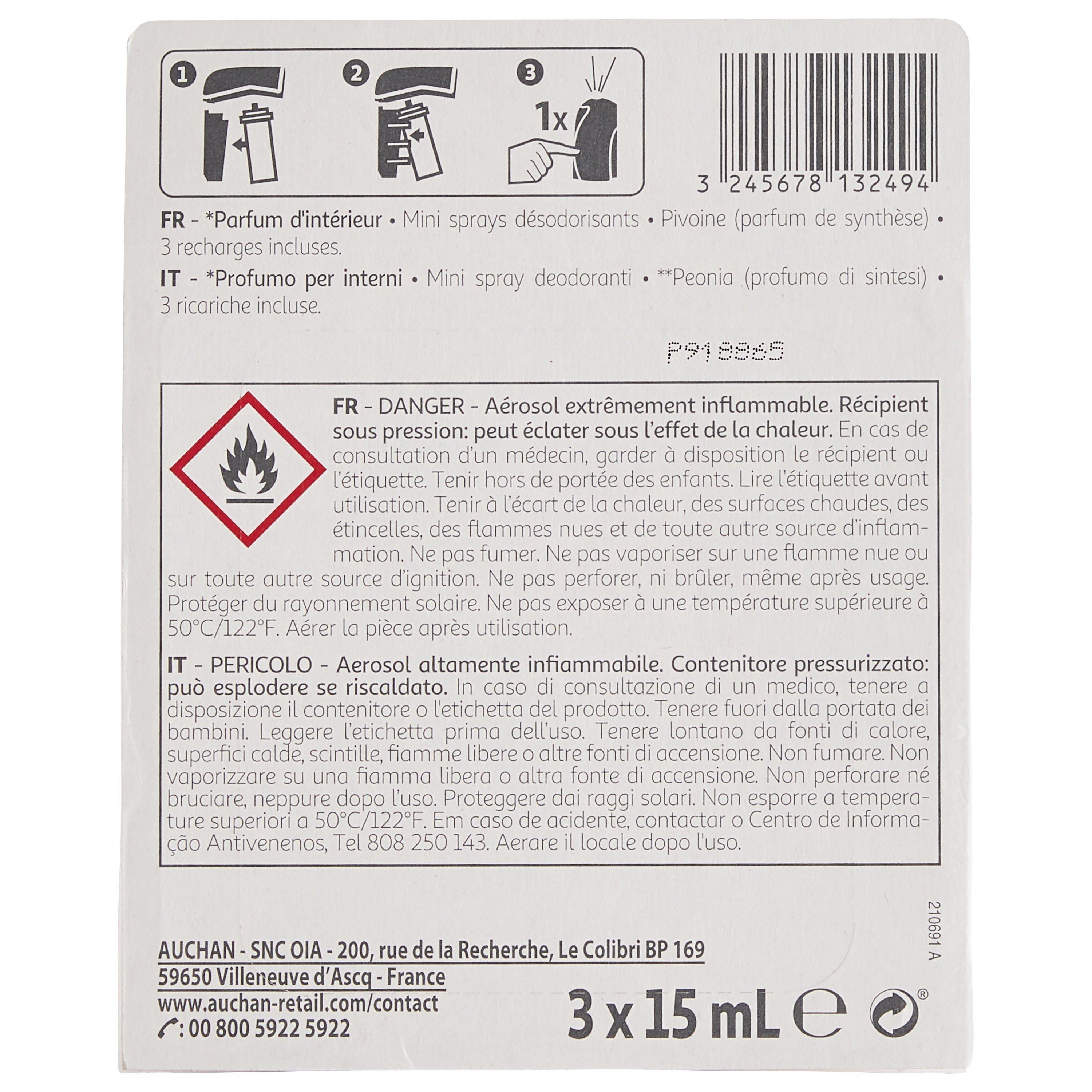 Voir la diapositive 2 : AUCHAN Diffuseur mini sprays désodorisants pivoine 1 diffuseur 3 recharges