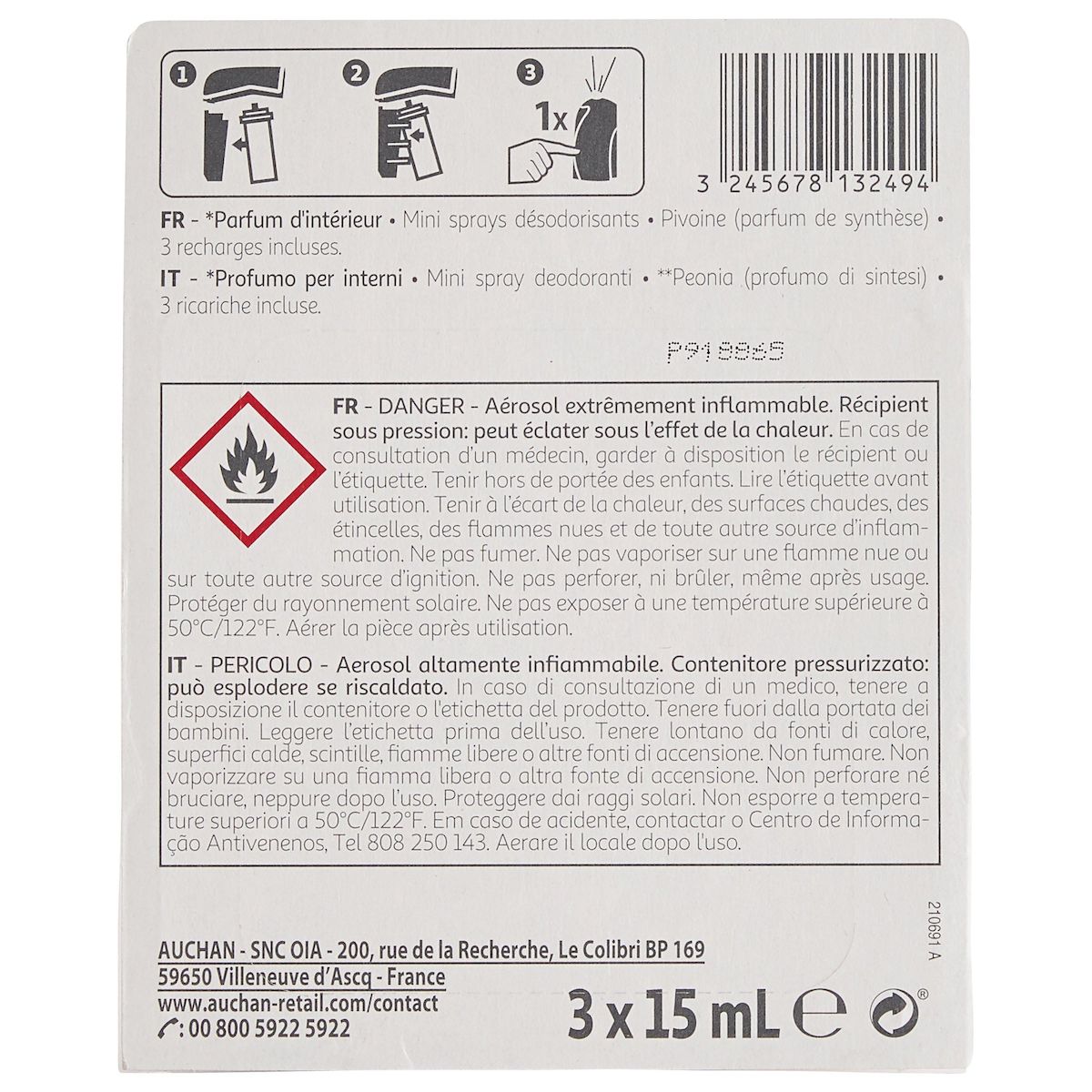 AUCHAN Diffuseur mini sprays désodorisants pivoine 1 diffuseur 3 recharges