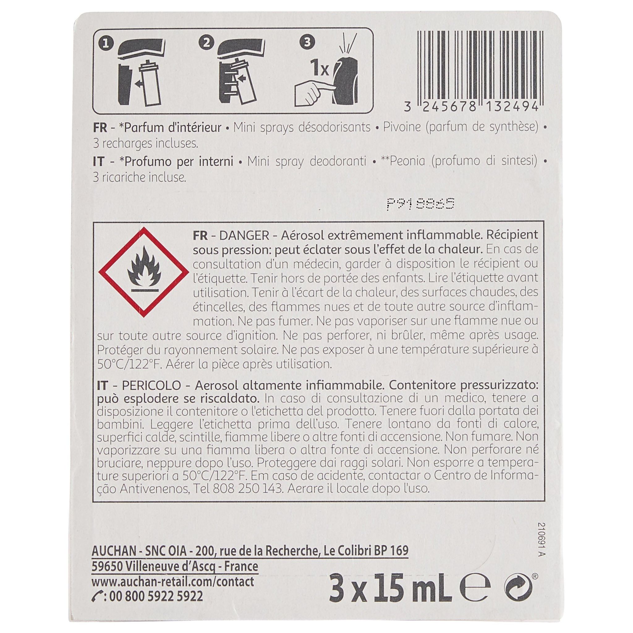 Voir la diapositive 2 : AUCHAN Diffuseur mini sprays désodorisants pivoine 1 diffuseur 3 recharges