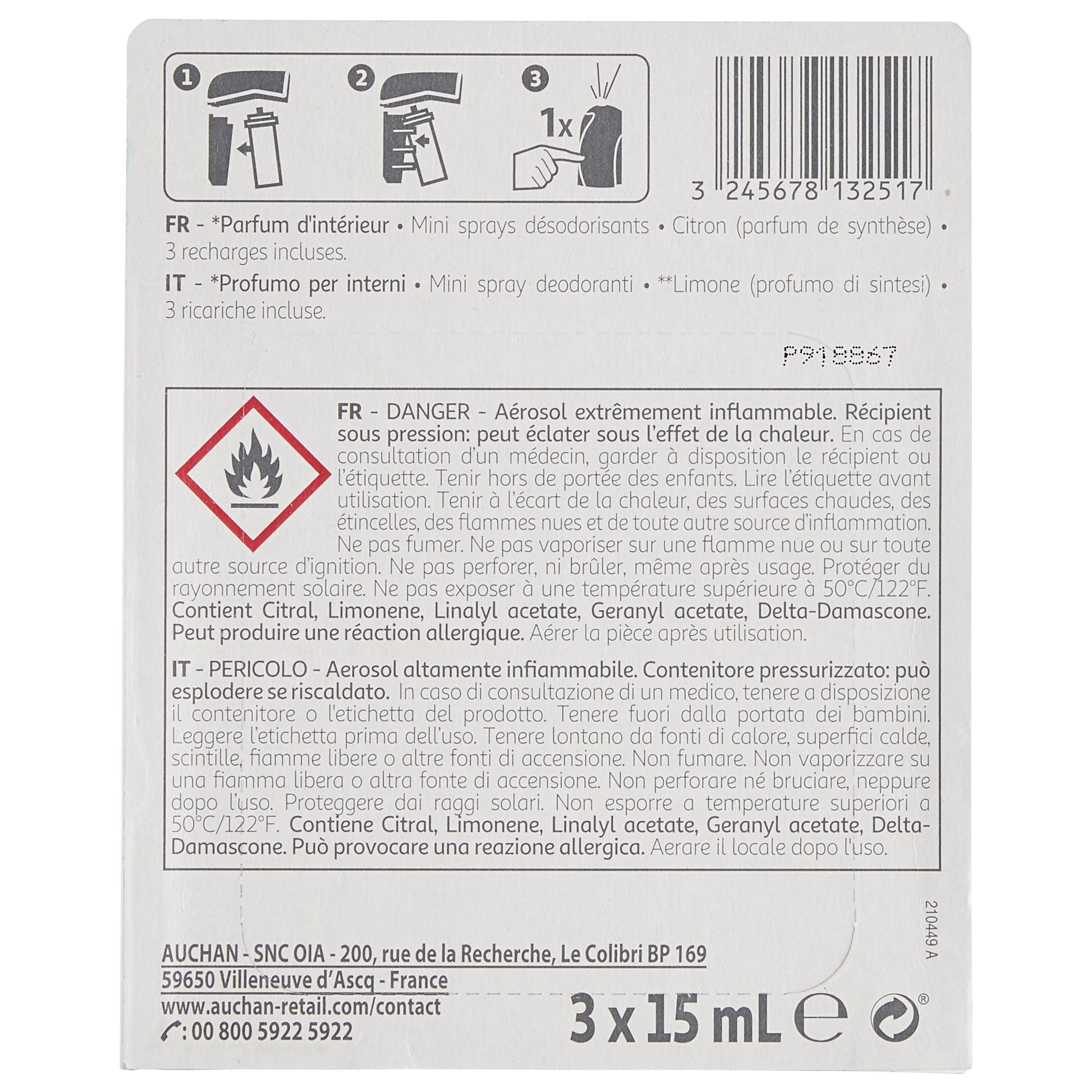 Voir la diapositive 2 : AUCHAN Diffuseur mini sprays désodorisants citron 1 diffuseur 3 recharges