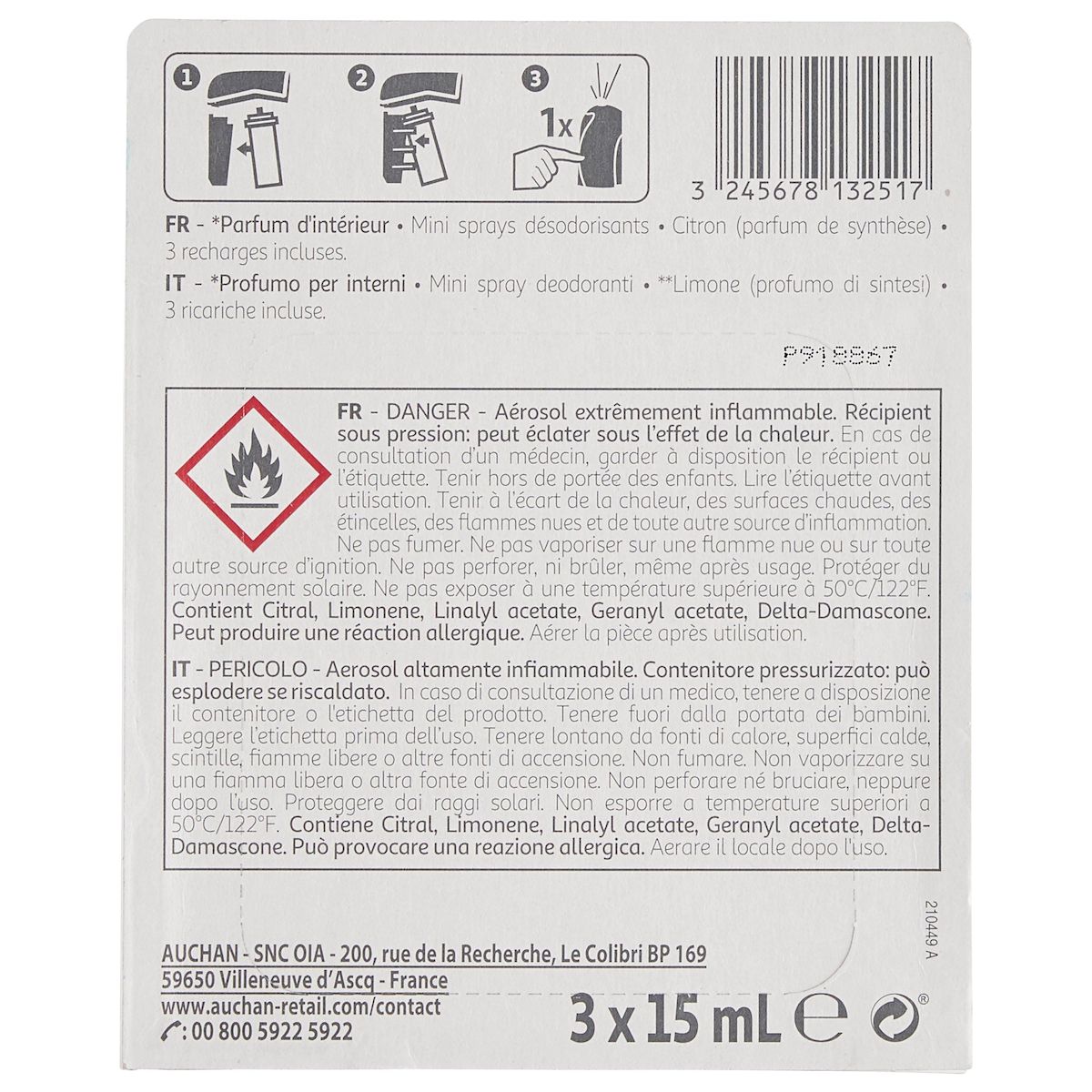 AUCHAN Diffuseur mini sprays désodorisants citron 1 diffuseur 3 recharges