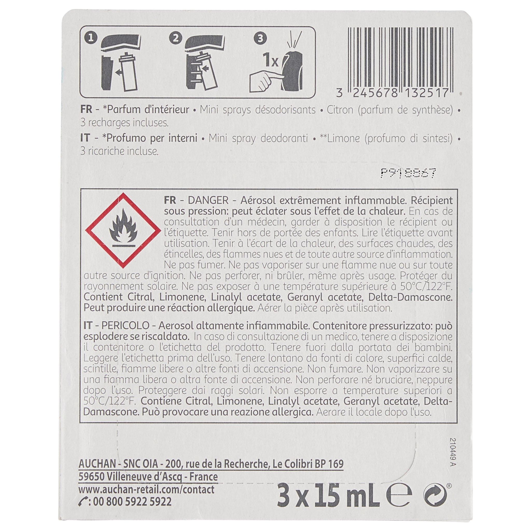 Voir la diapositive 2 : AUCHAN Diffuseur mini sprays désodorisants citron 1 diffuseur 3 recharges