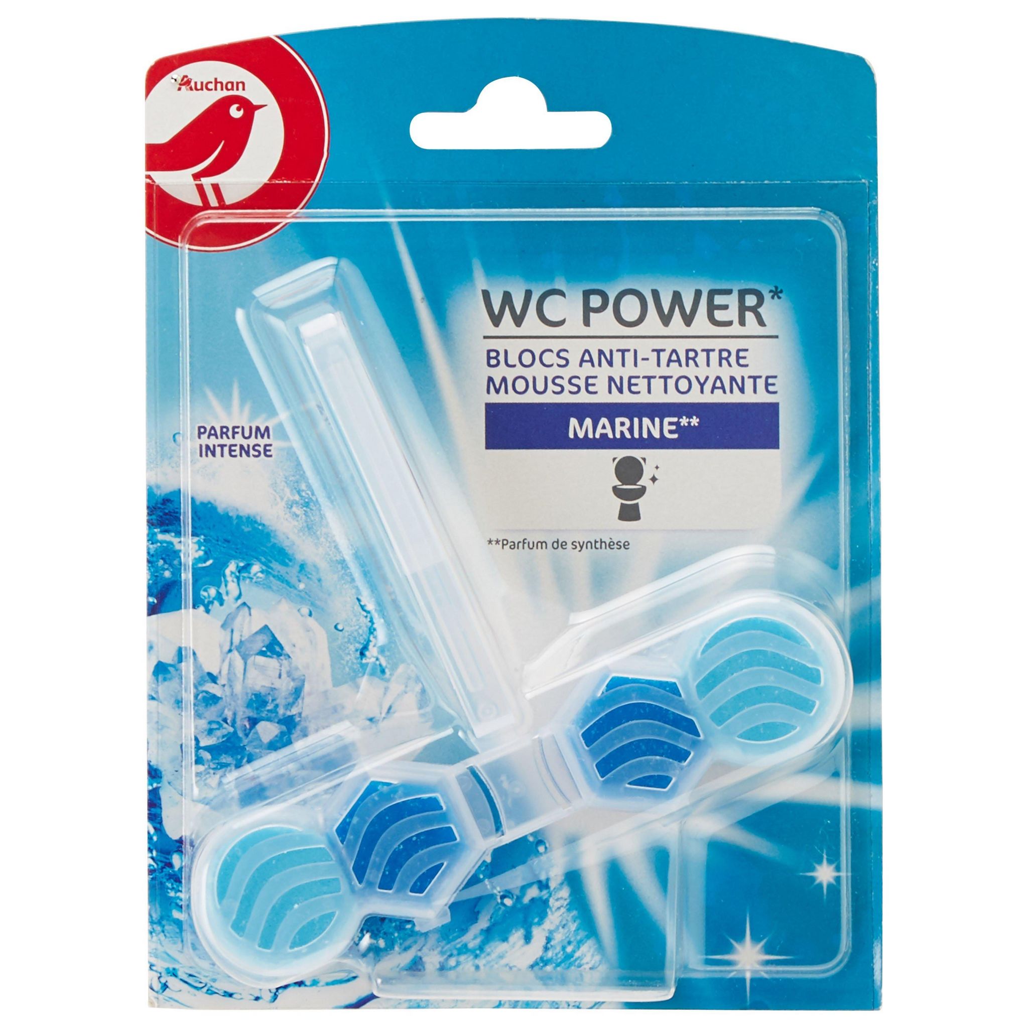 Voir la diapositive 2 : AUCHAN Bloc WC anti-tartre à la mousse nettoyante fraîcheur marine 1 bloc
