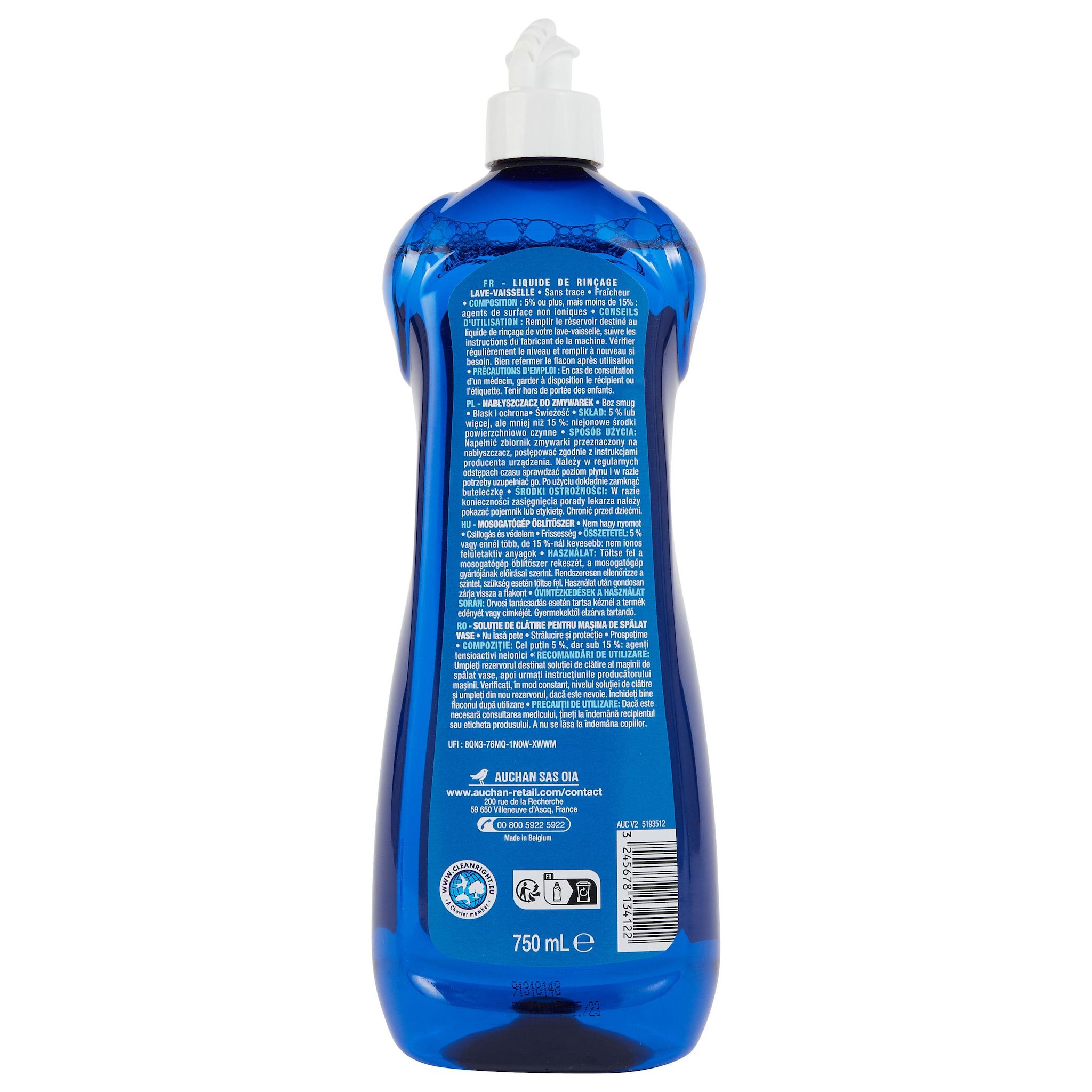 Voir la diapositive 3 : AUCHAN Liquide de rinçage lave-vaisselle sans trace 750ml