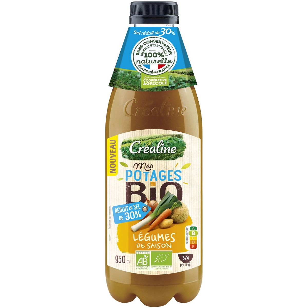 CREALINE Potage aux légumes de saison bio -30% de sel 3 à 4 portions 95cl