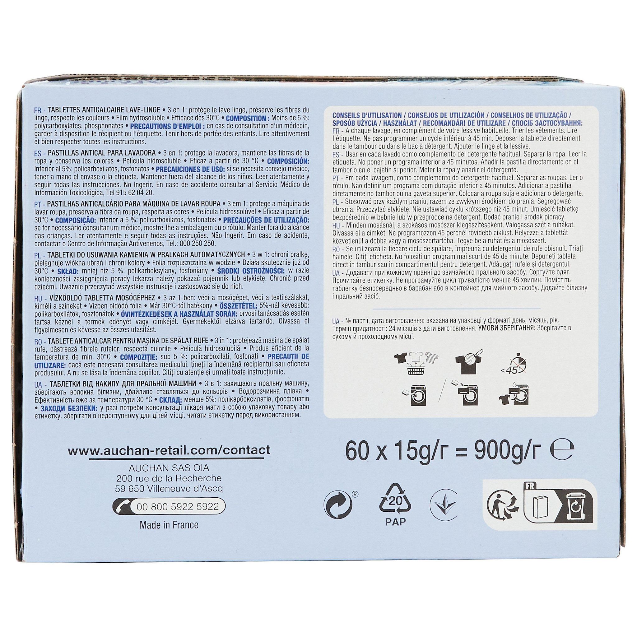 Voir la diapositive 3 : AUCHAN Pastilles anti-calcaire lave-linge 60 lavages 60 tablettes