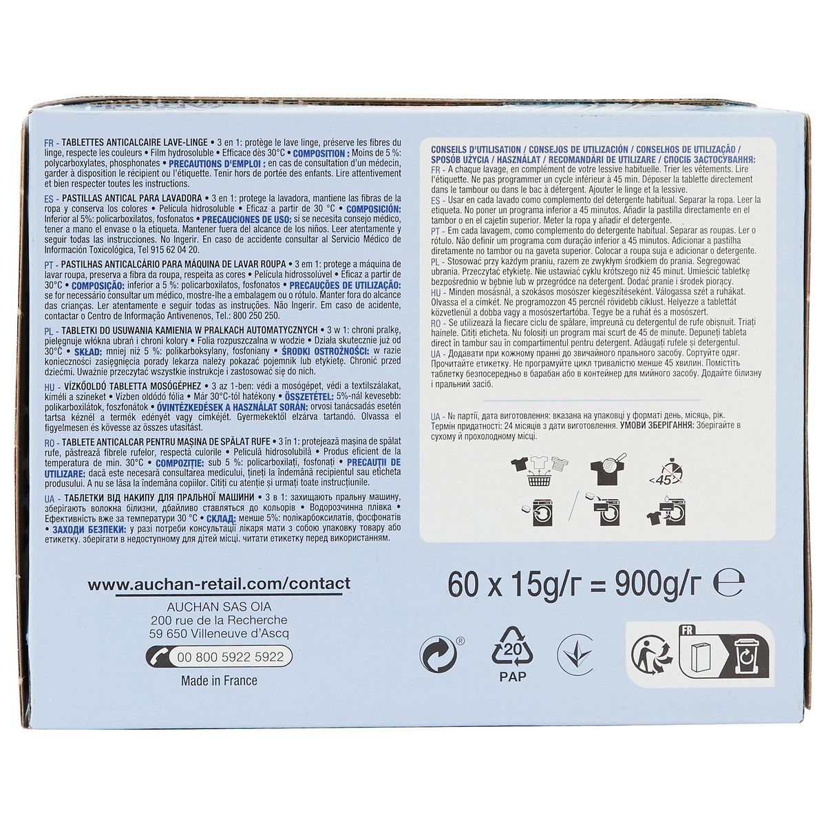 AUCHAN Pastilles anticalcaire lave-linge 60 lavages 60 tablettes