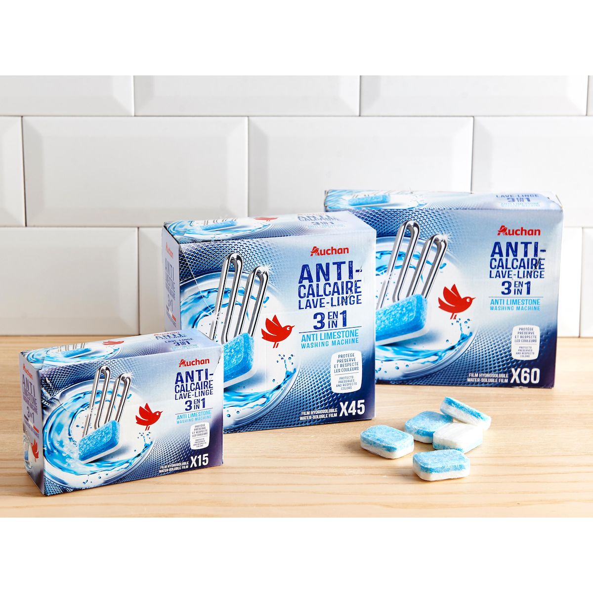 AUCHAN Tablettes anti calcaire pour lave linge 15 lavages 15 tablettes