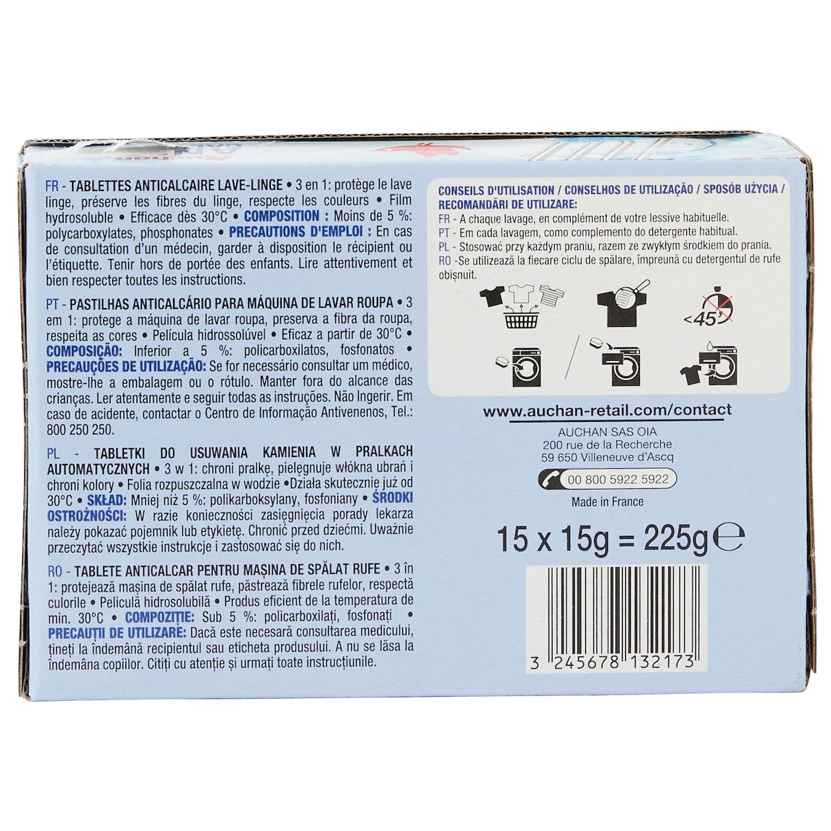 AUCHAN Tablettes anti calcaire pour lave linge 15 lavages 15 tablettes