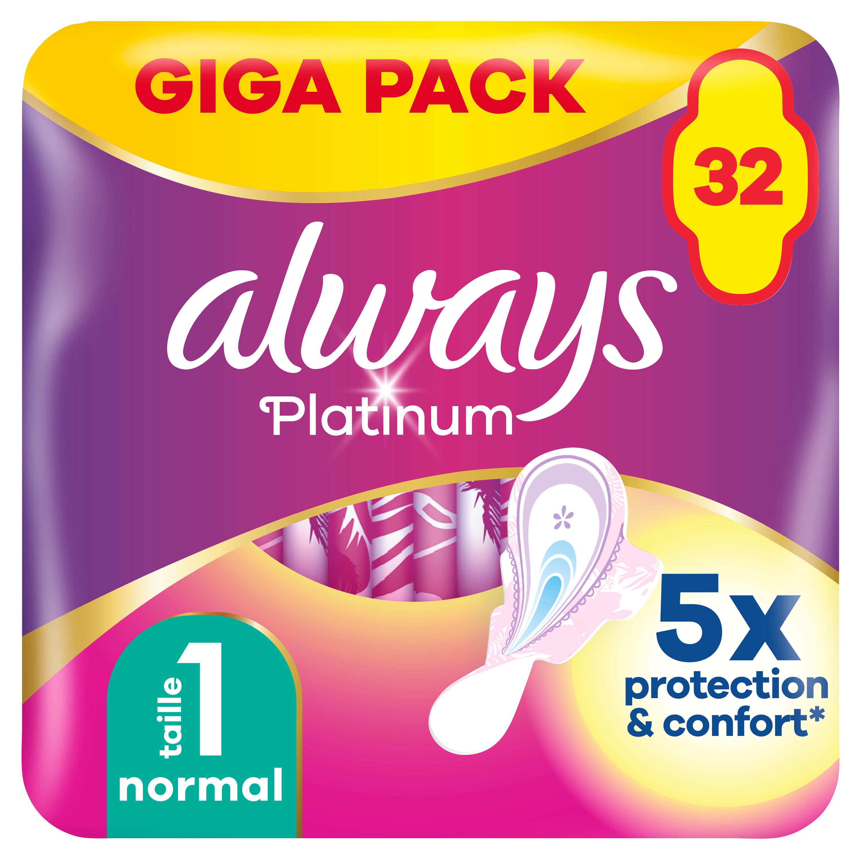 Voir la diapositive 2 : ALWAYS Platinium serviettes hygiéniques avec ailettes normal taille 1 32 serviettes