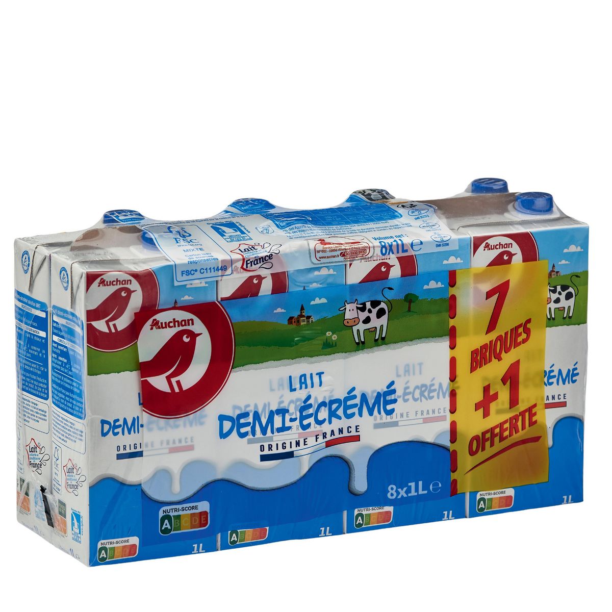 AUCHAN Lait demi-écrémé stérilisé UHT 7+1 offerte 8x1L