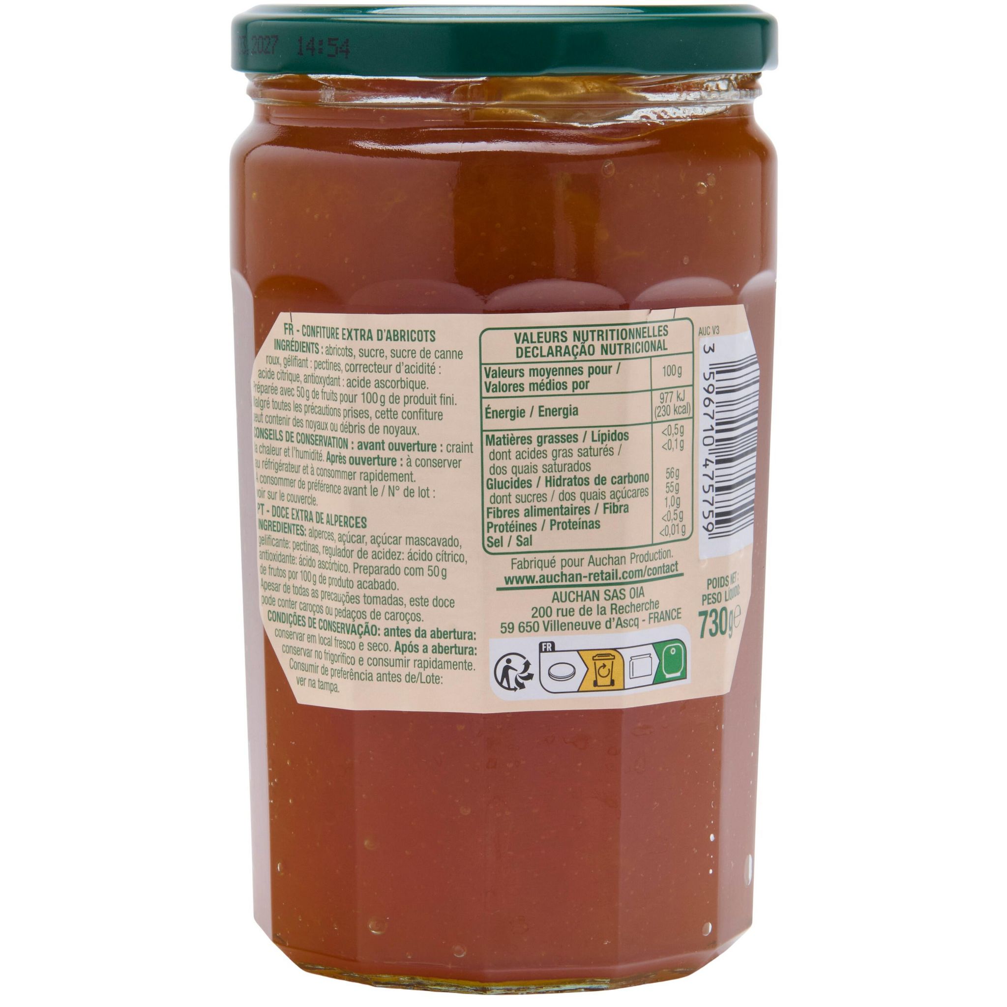 Voir la diapositive 3 : AUCHAN Confiture extra d'abricots 730g