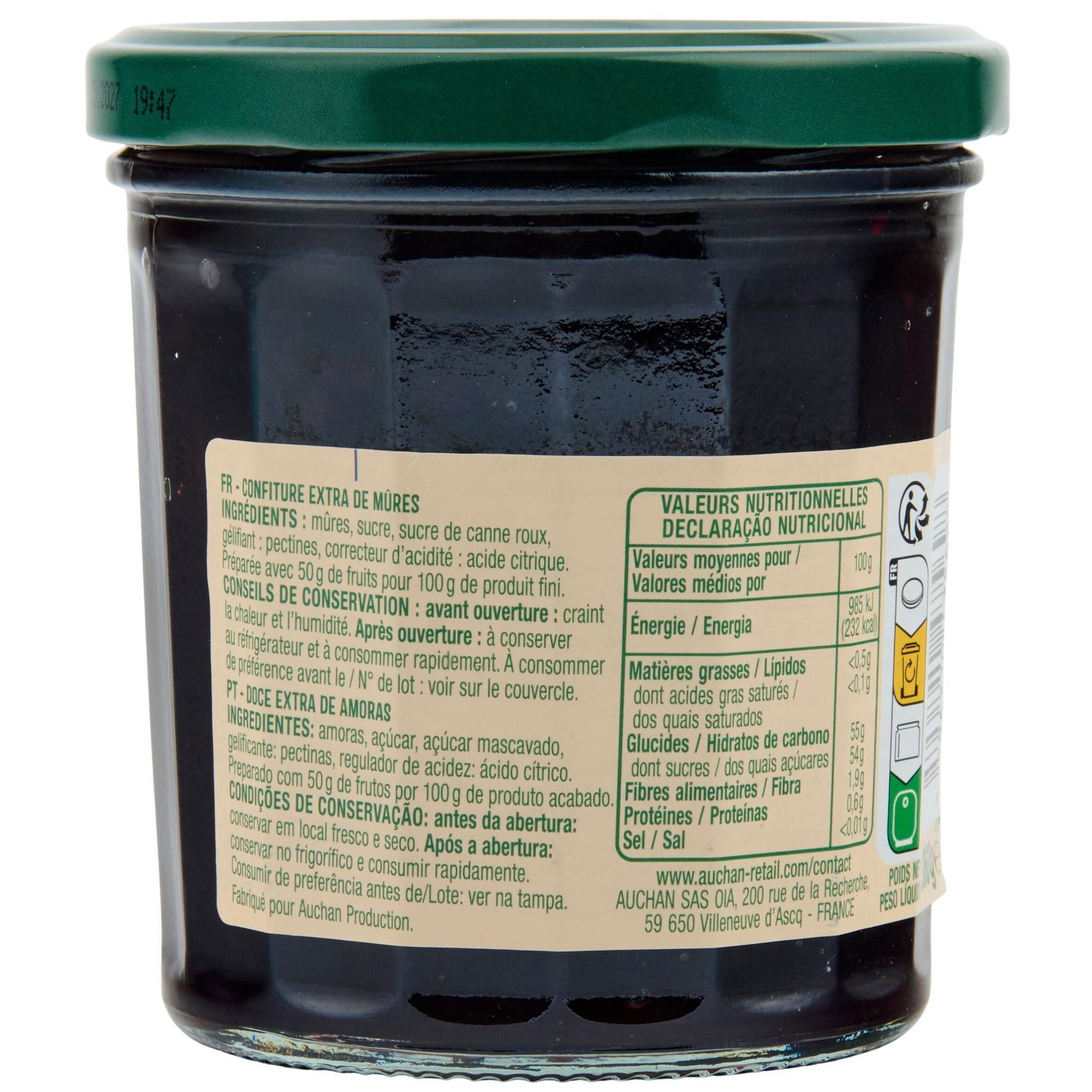 Voir la diapositive 2 : AUCHAN Confiture extra de mûres 360g