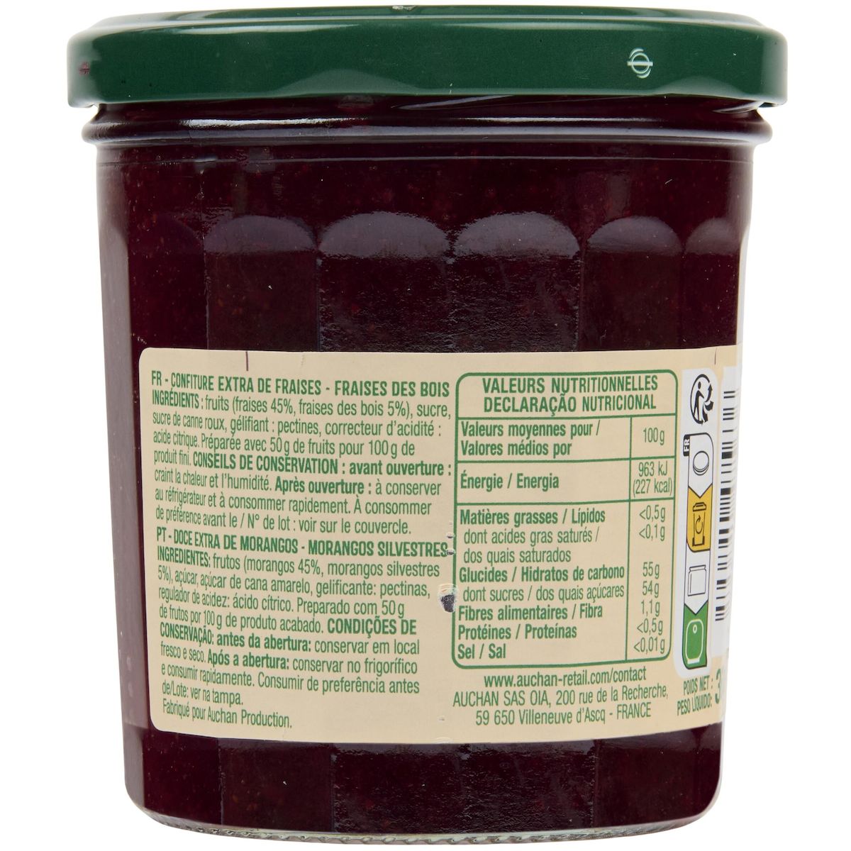 AUCHAN Confiture extra de fraises et fraises des bois 360g