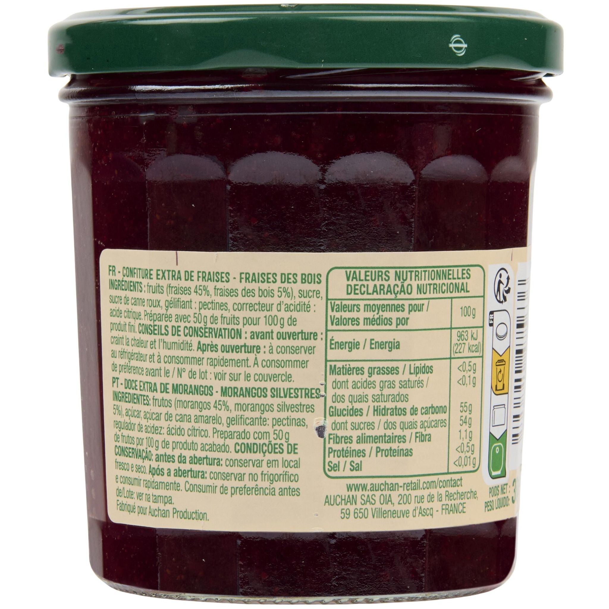 Voir la diapositive 3 : AUCHAN Confiture extra de fraises et fraises des bois 360g