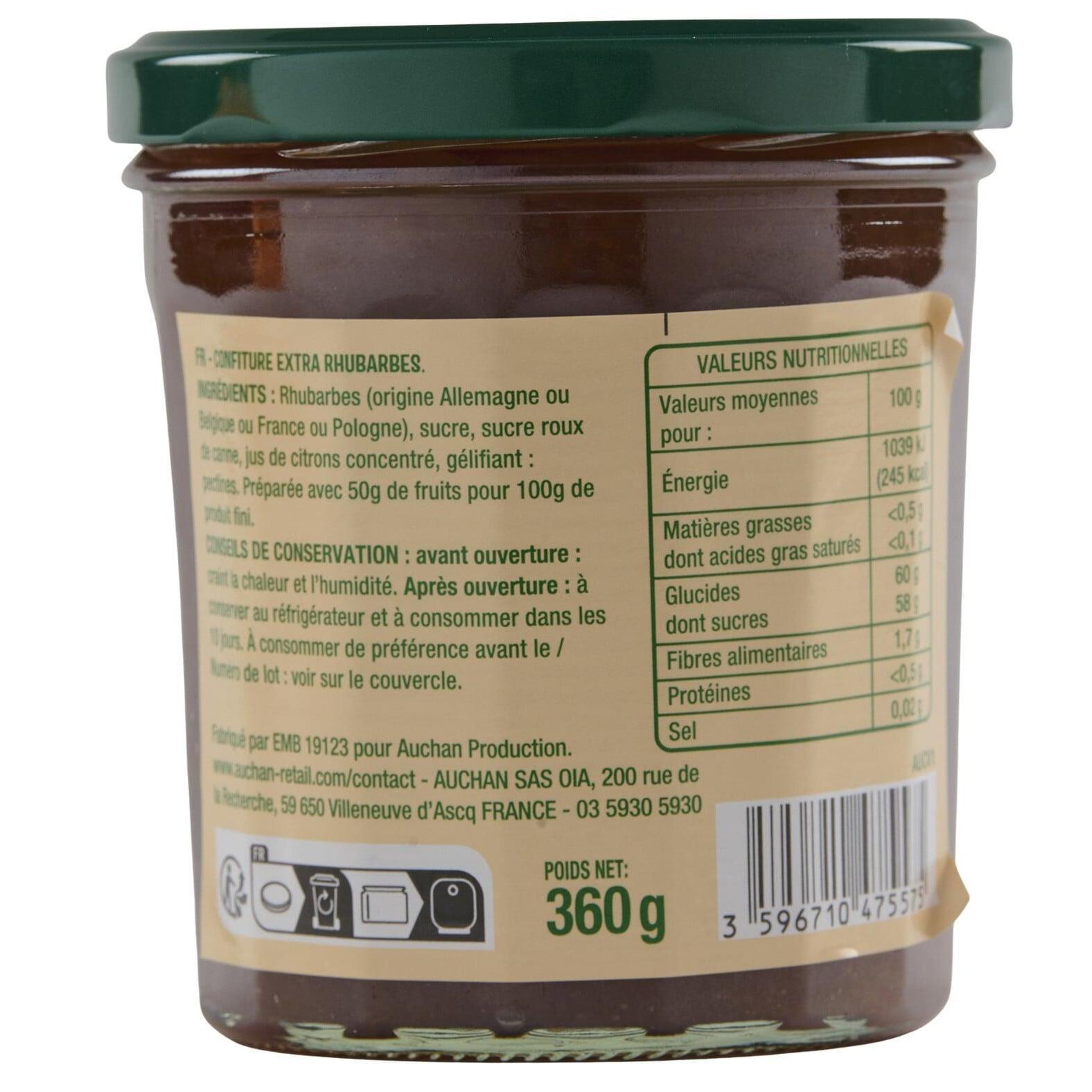 Voir la diapositive 3 : AUCHAN Confiture extra de rhubarbe 50% de fruits 360g