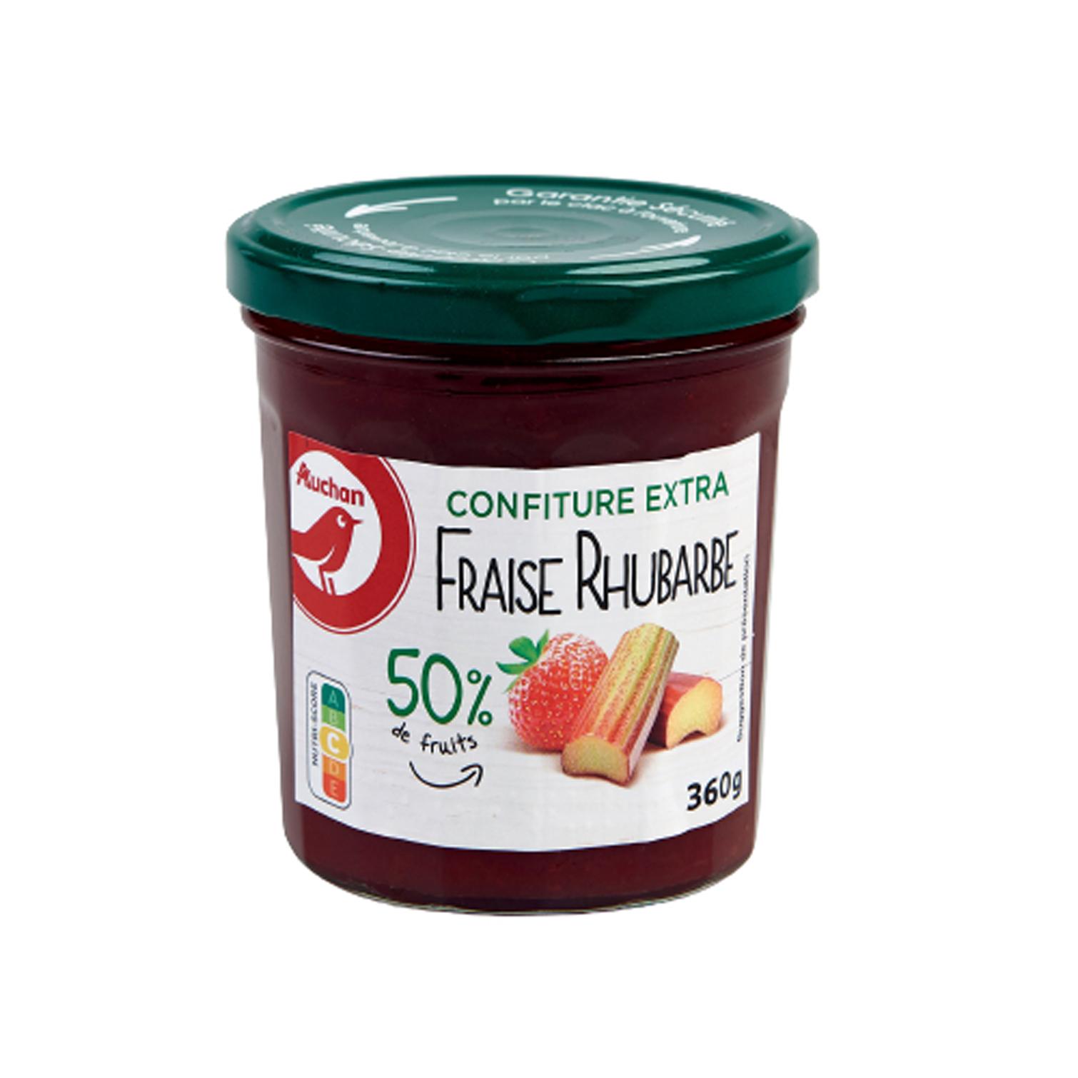 Voir la diapositive 2 : AUCHAN Confiture extra de fraise rhubarbe 50% de fruits 360g