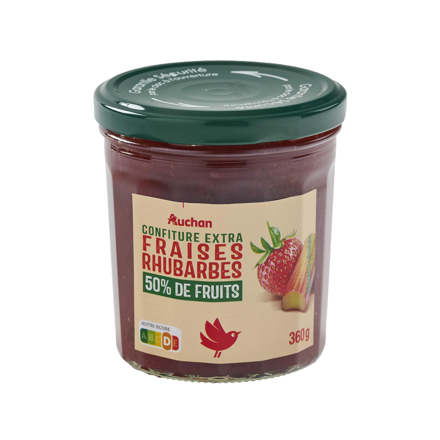 Voir la diapositive 3 : AUCHAN Confiture extra de fraise rhubarbe 50% de fruits 360g
