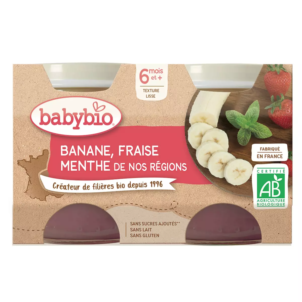 BABYBIO Petit pot dessert banane fraise menthe bio dès 6 mois 2x130g