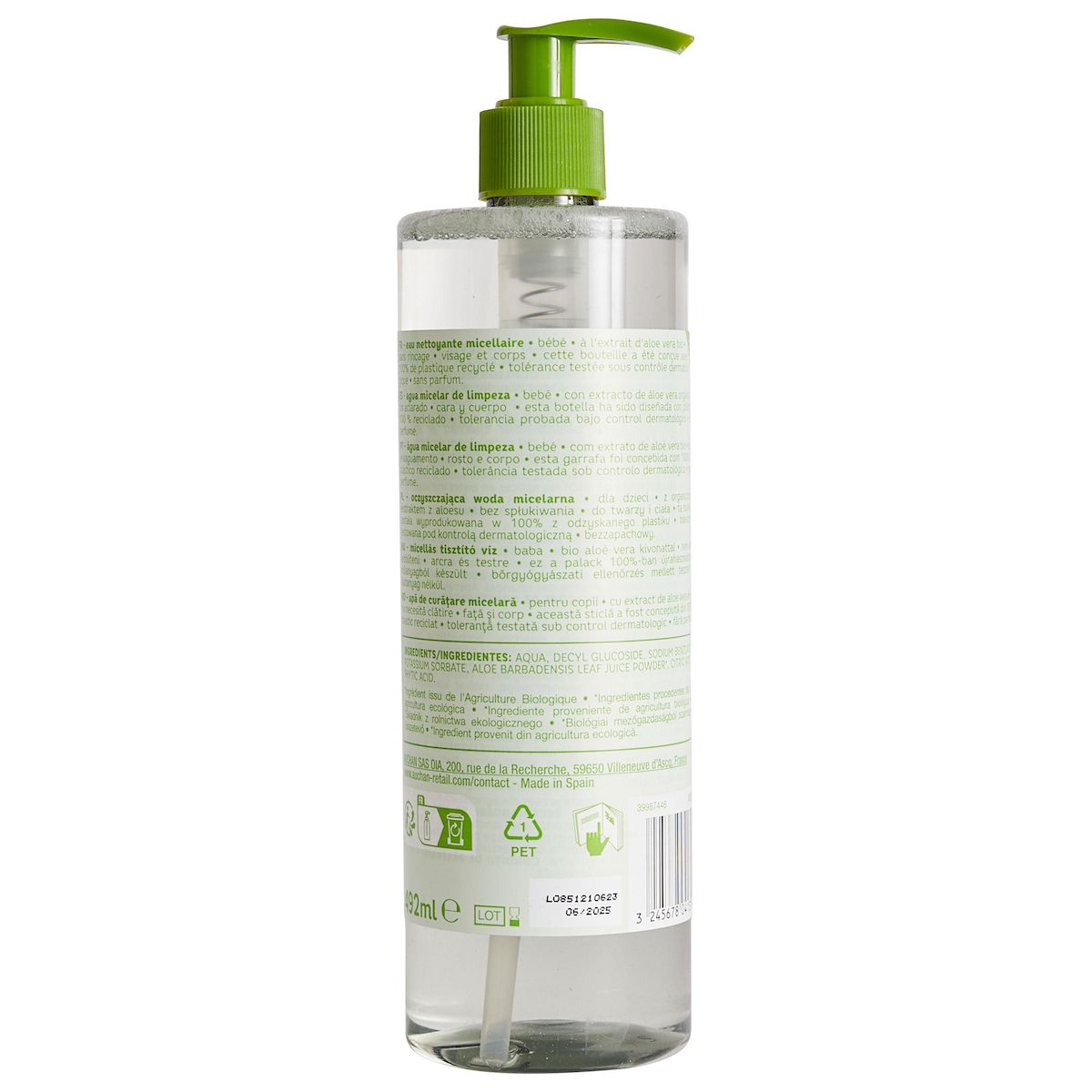 AUCHAN BABY BIO Eau nettoyante micellaire bio visage et corps pour bébé 500ml