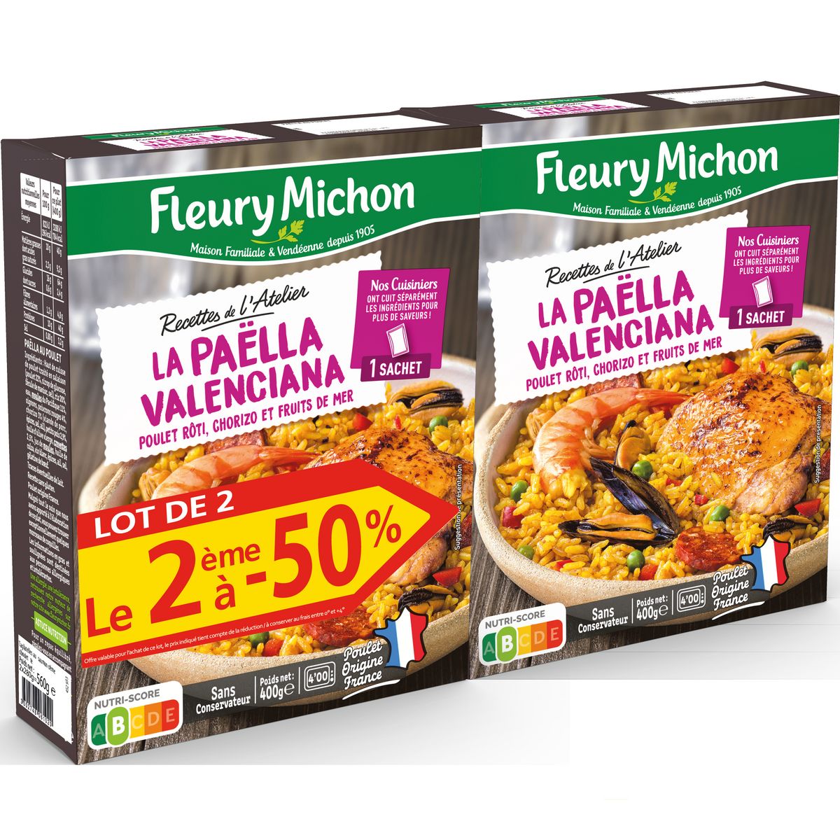 FLEURY MICHON La paella Valenciana poulet chorizo et fruits de mer 2x400g