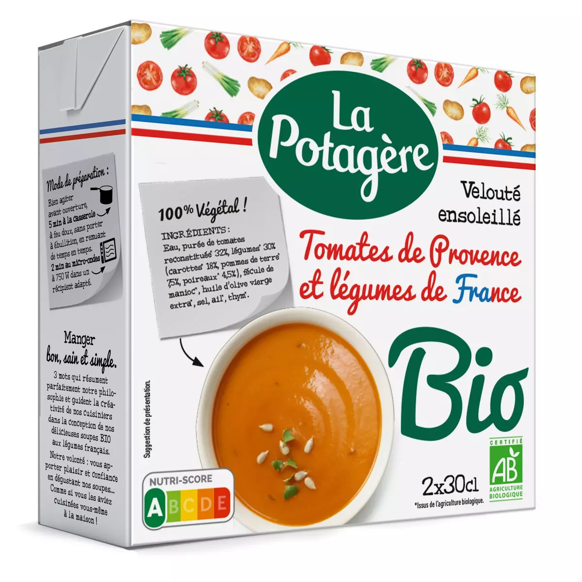 LA POTAGERE Soupe bio veloutée ensoleillée tomates de Provence et légumes de France 2 briques 2x30cl