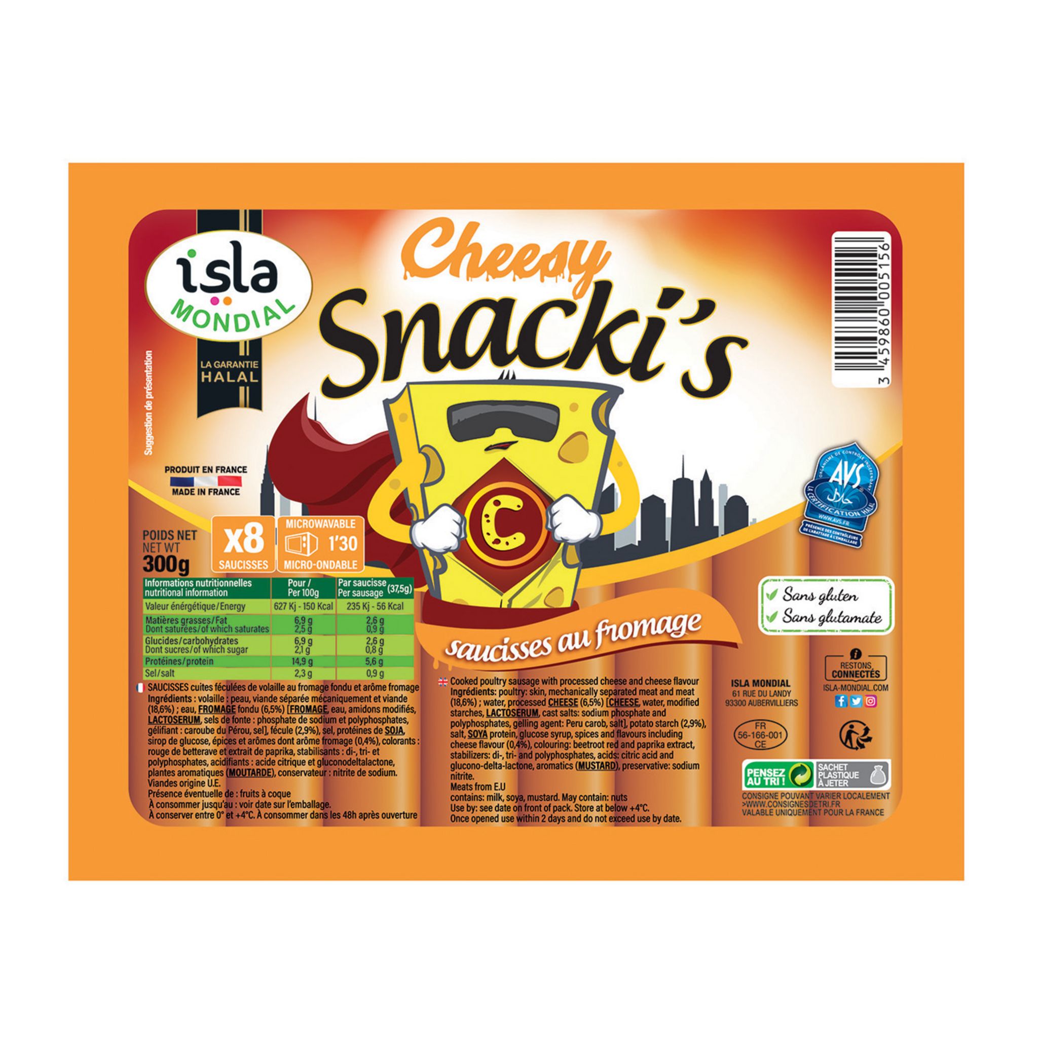 ISLA MONDIAL Saucisses au fromage halal 8 pièces 300g