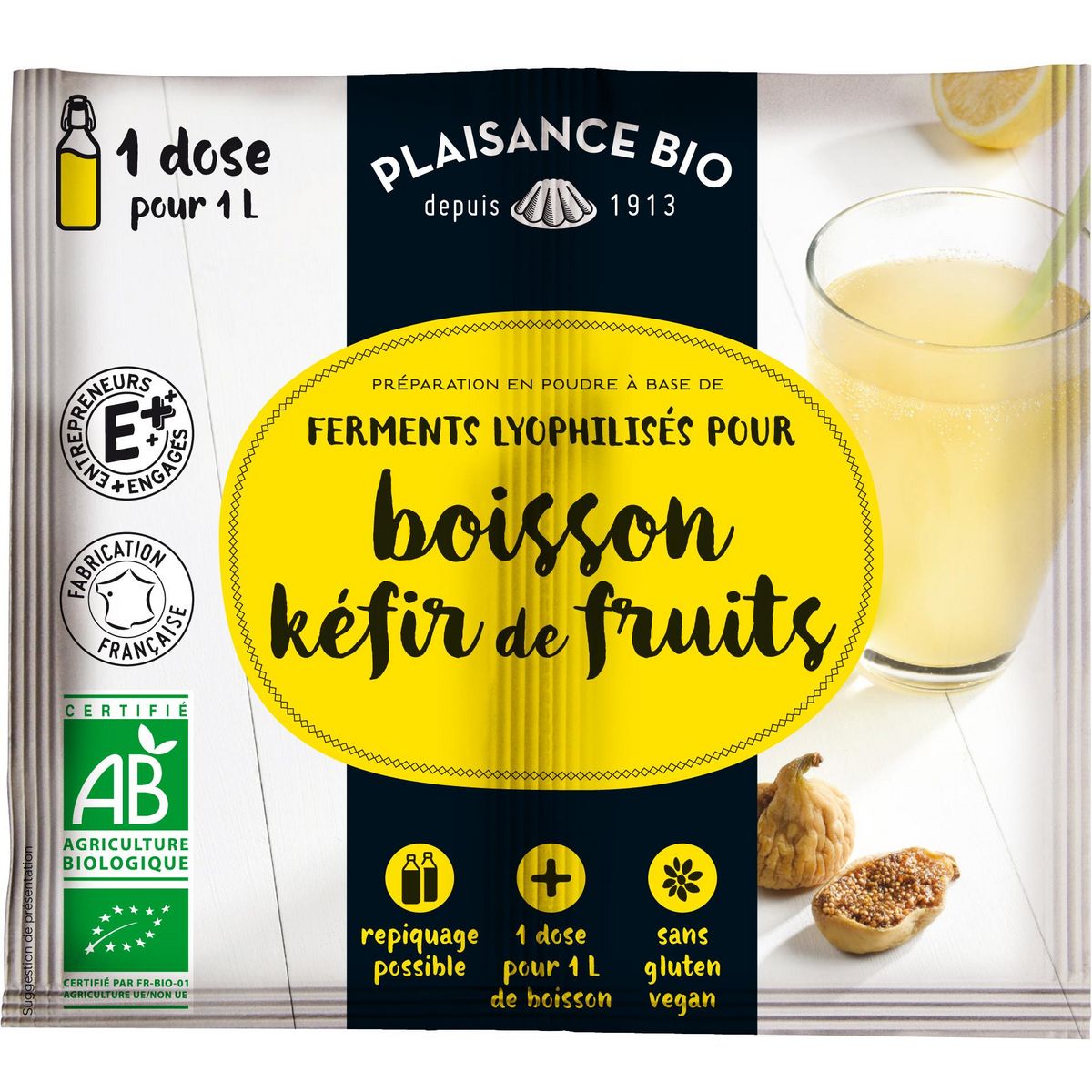 PLAISANCE BIO Préparation en poudre bio à base de ferments lyophilisés pour boisson kéfir de fruits sans gluten 2x1l 2x5g