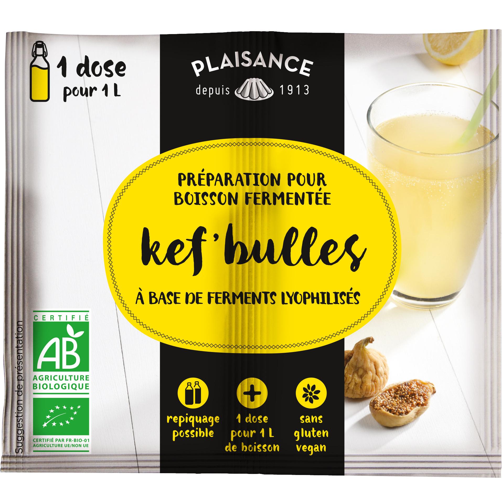 Voir la diapositive 2 : PLAISANCE BIO Préparation en poudre bio à base de ferments lyophilisés pour boisson kéfir de fruits sans gluten 2x1l 2x5g