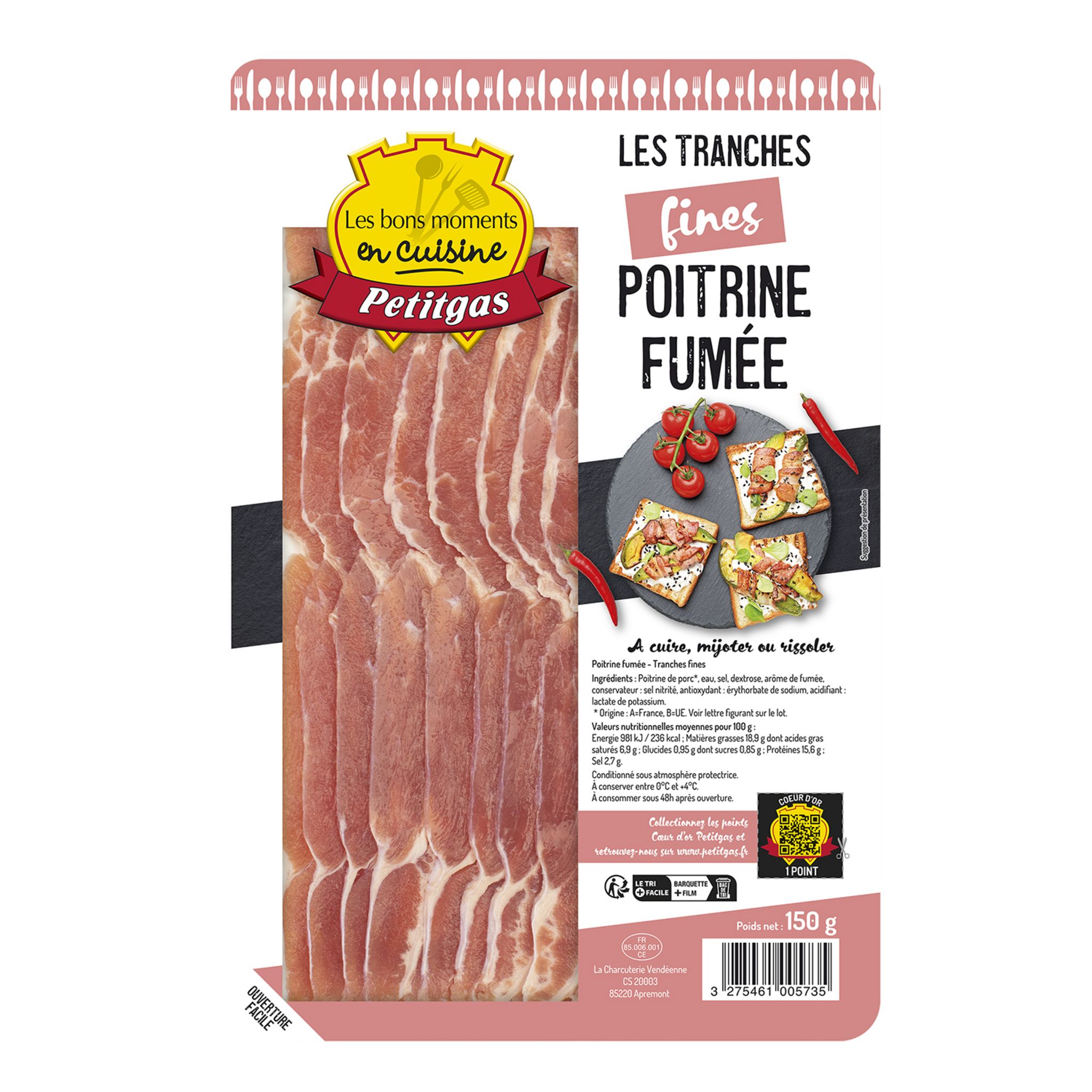 PETITGAS Poitrine fumée en tranches fines 150g