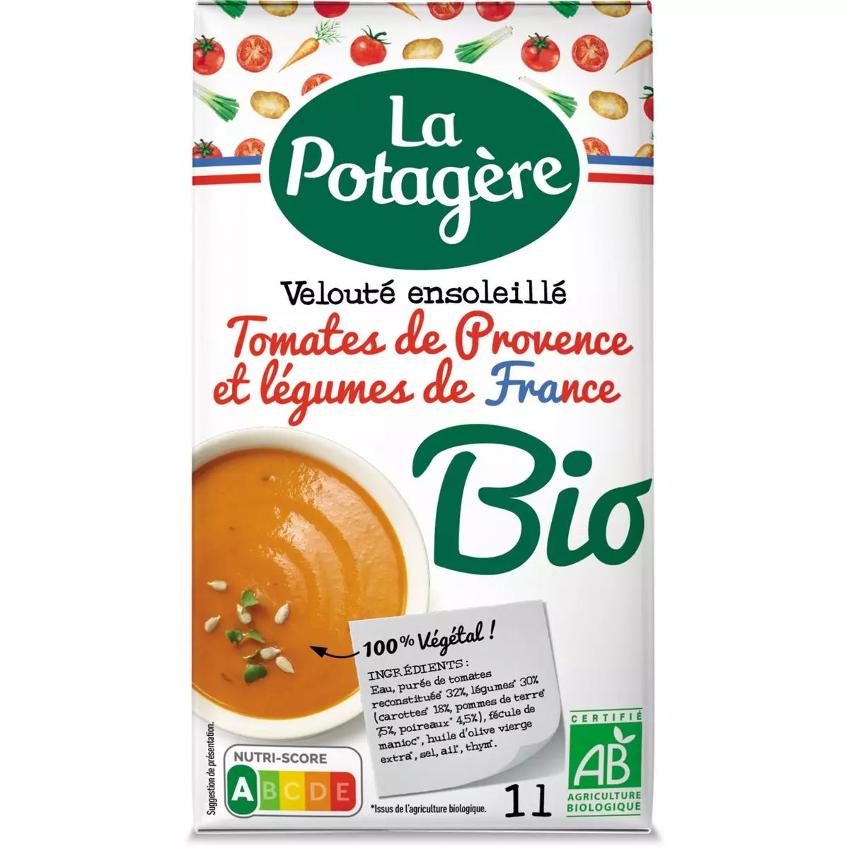 LA POTAGERE Soupe veloutée tomate de Provence et légumes bio 4 personnes 1l
