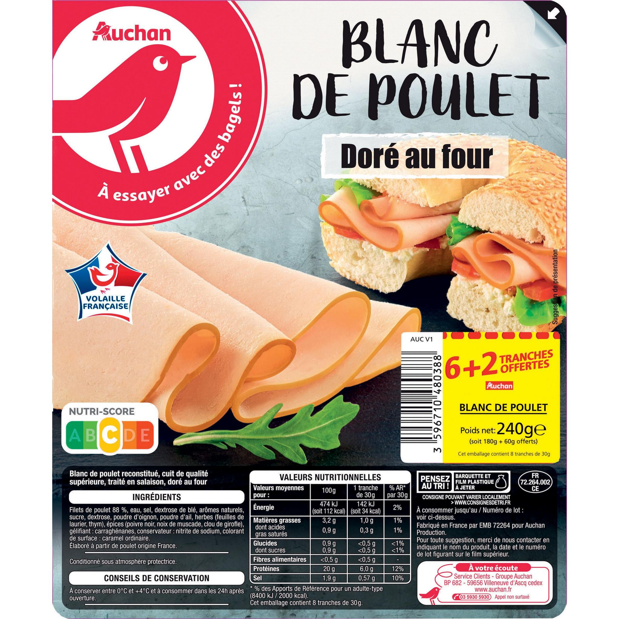 Voir la diapositive 2 : AUCHAN Blanc de poulet doré au four en tranches 6 tranches + 2 offertes 240g