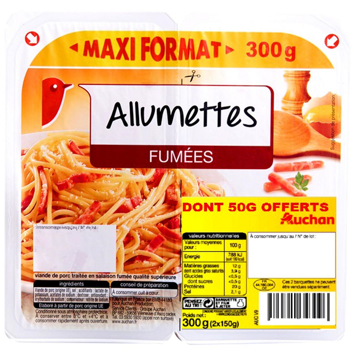 AUCHAN Allumettes fumées 2x150g dont 50g offert
