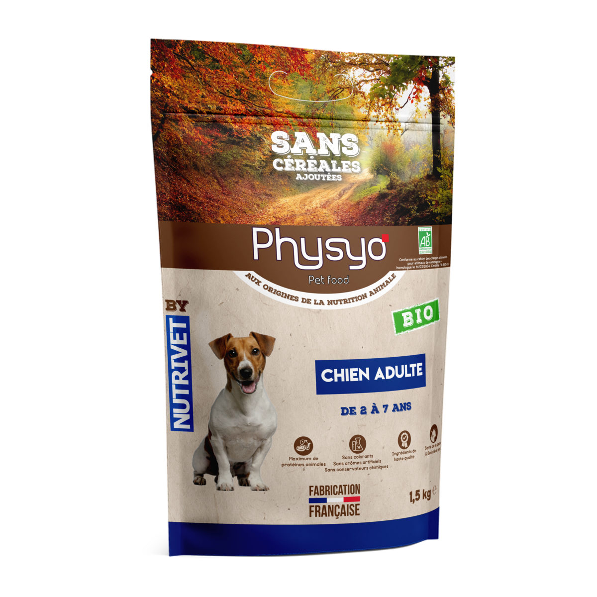 PHYSYO Croquettes sans céréales ajoutées bio pour chien adulte 1.5kg