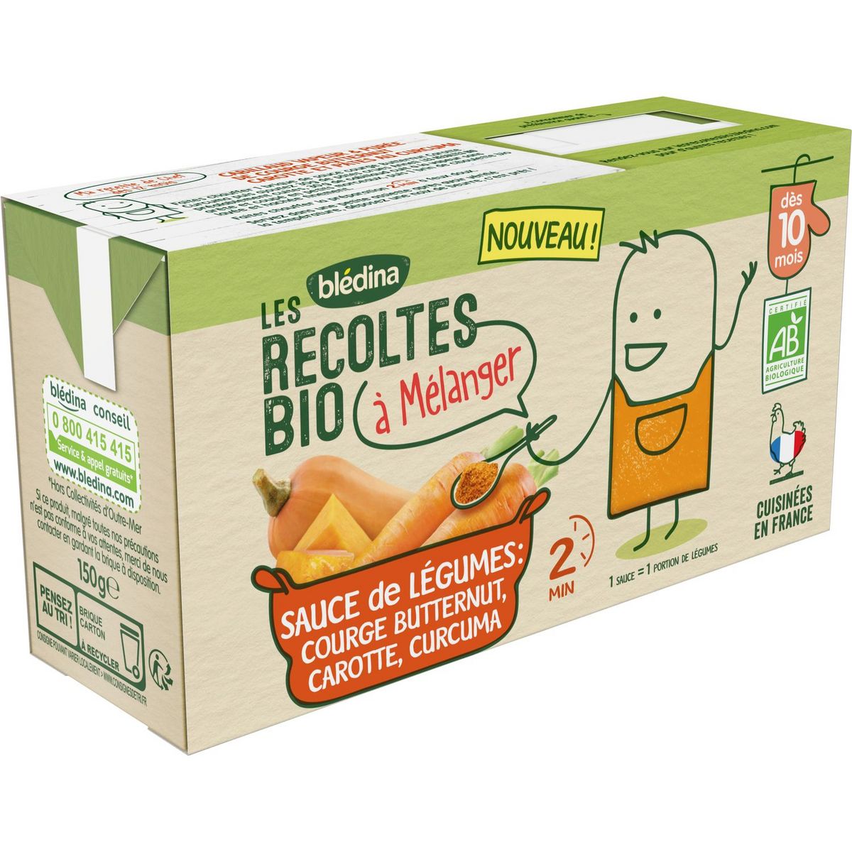 BLEDINA Sauce de légumes courge carotte bio à mélanger dès 10 mois 2x150g