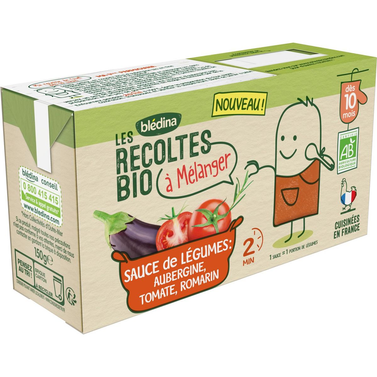 BLEDINA Sauce de légumes aubergine tomate bio à mélanger dès 10 mois 2x150g