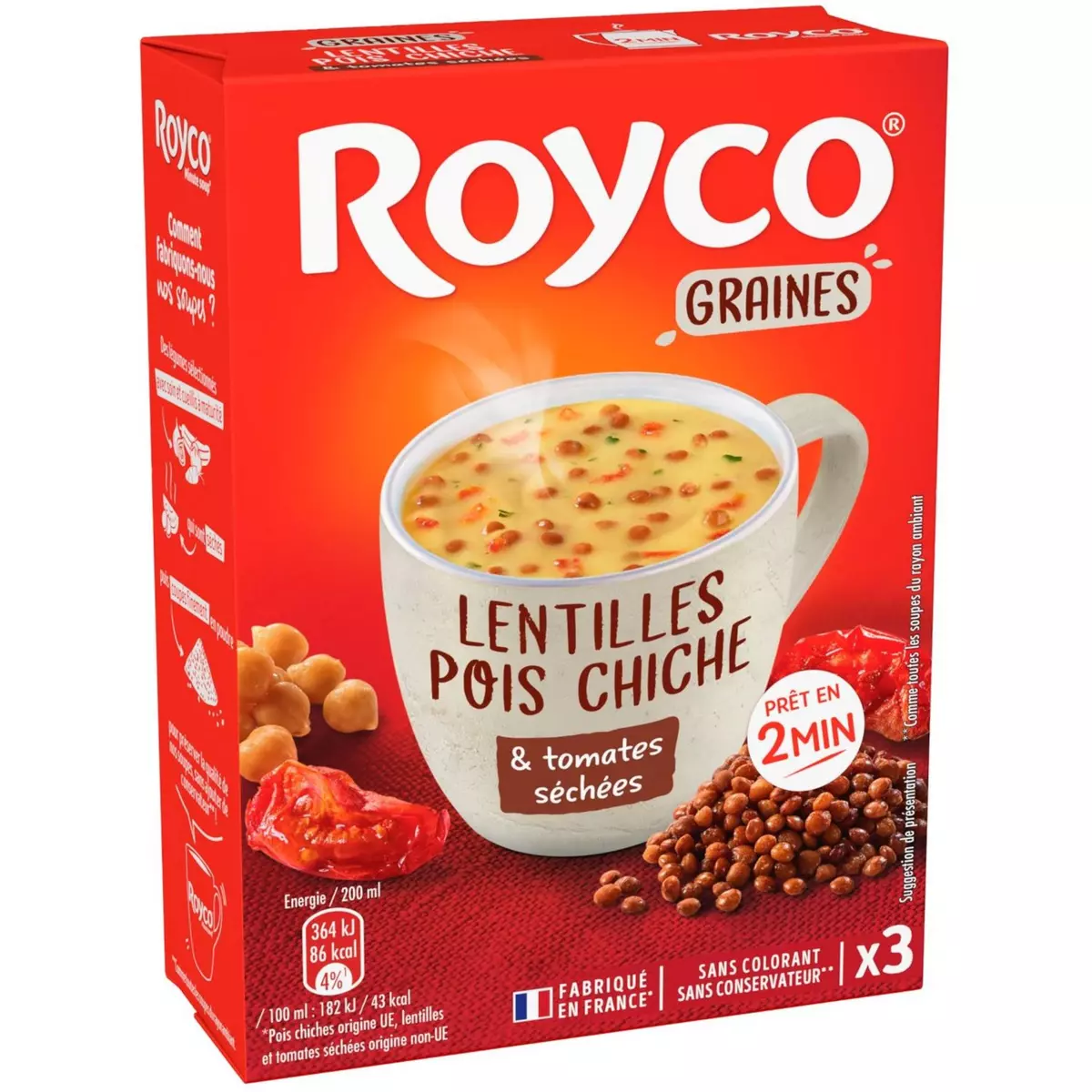 ROYCO Soupe instantanée lentilles pois chiches et tomates séchées 3 sachets 3x20cl